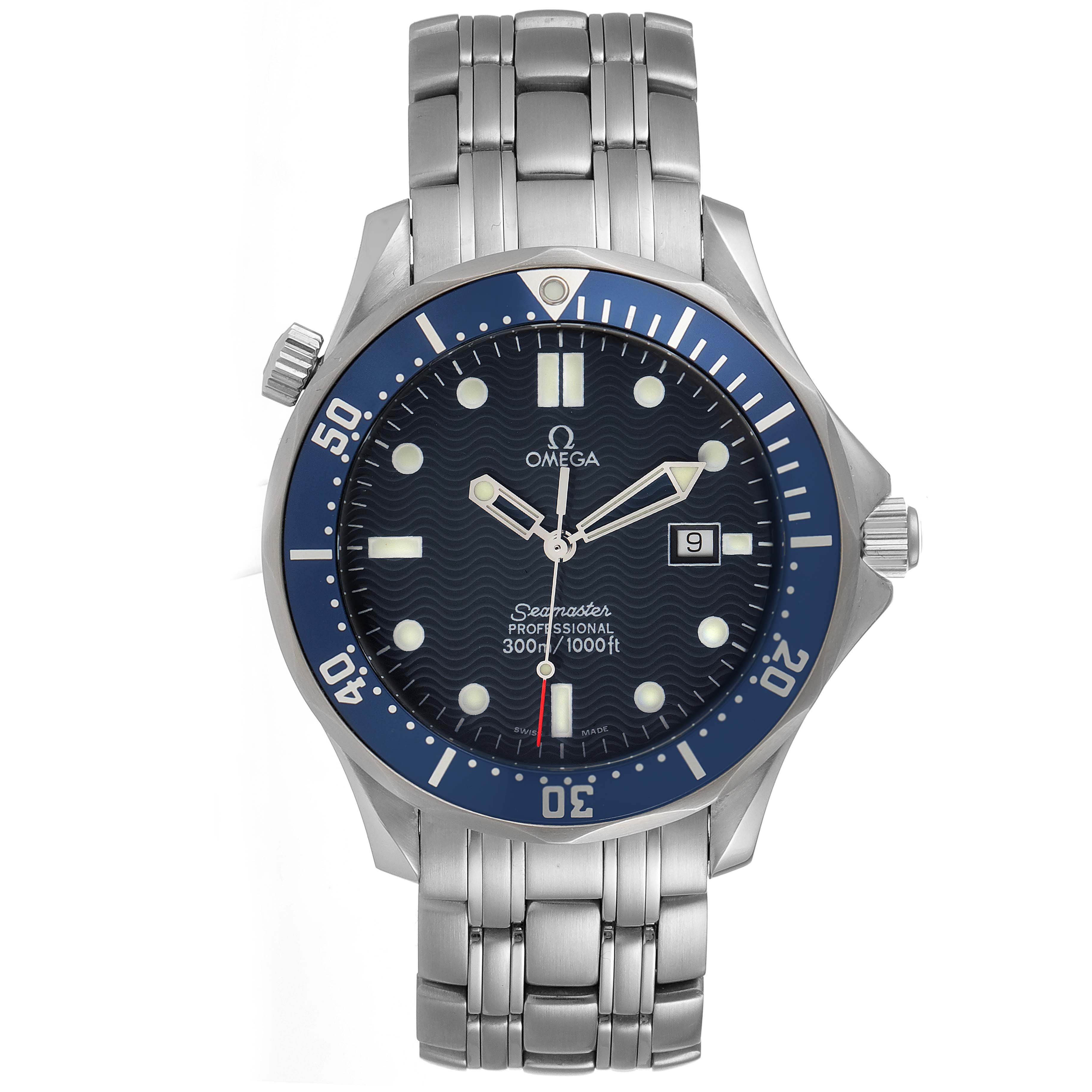 The Omega Seamaster 2541.80.00 Men
s Stainless Steel Blue Dial 2541.80.00 Men
s Stainless Steel Blue Dial watch is shown from the front, displaying its dial, bezel, hands, date window, and bracelet.