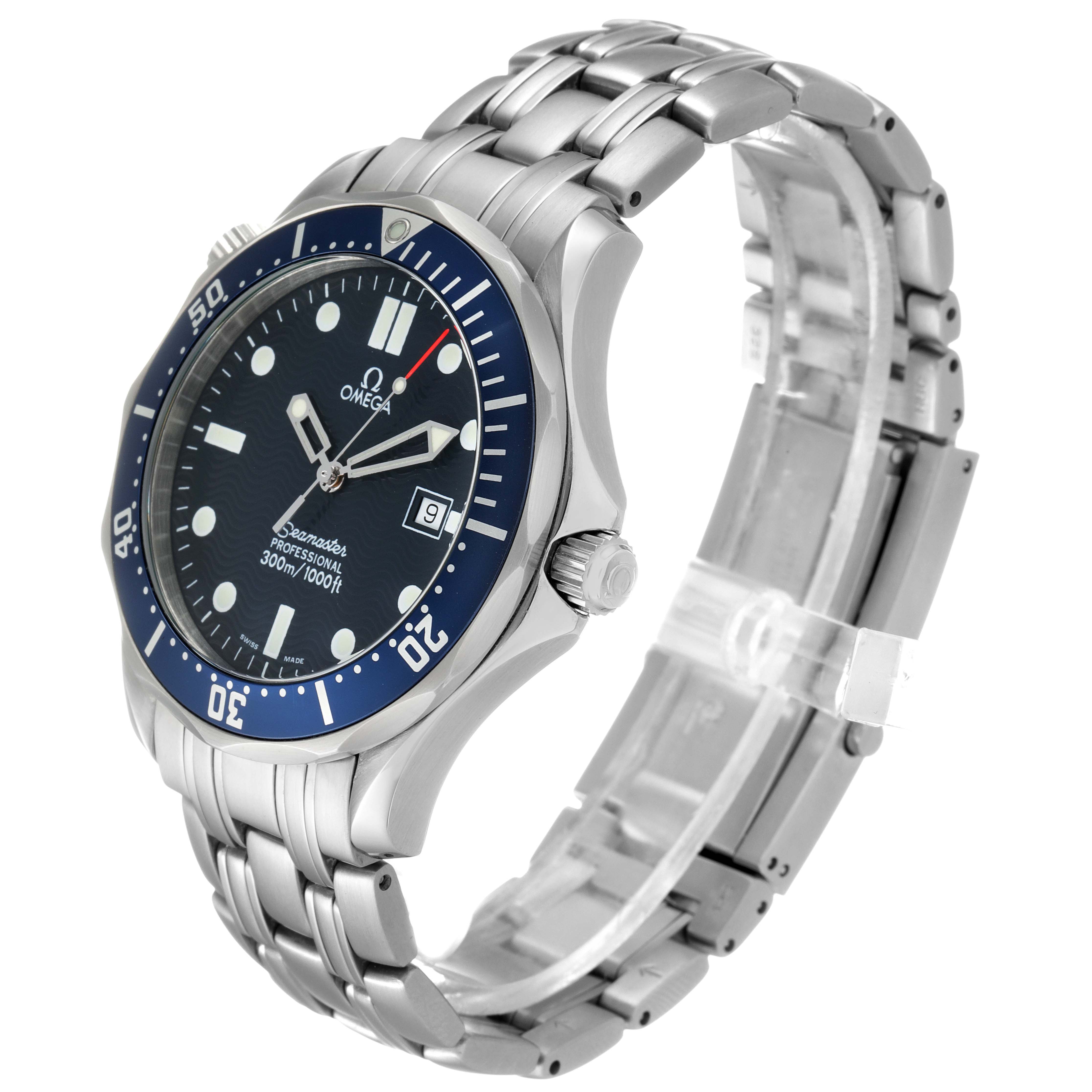 This image shows an Omega Seamaster 2541.80.00 Men
s Stainless Steel Blue Dial 2541.80.00 Men
s Stainless Steel Blue Dial watch from a side angle, highlighting its dial, bezel, crown, and metal bracelet.