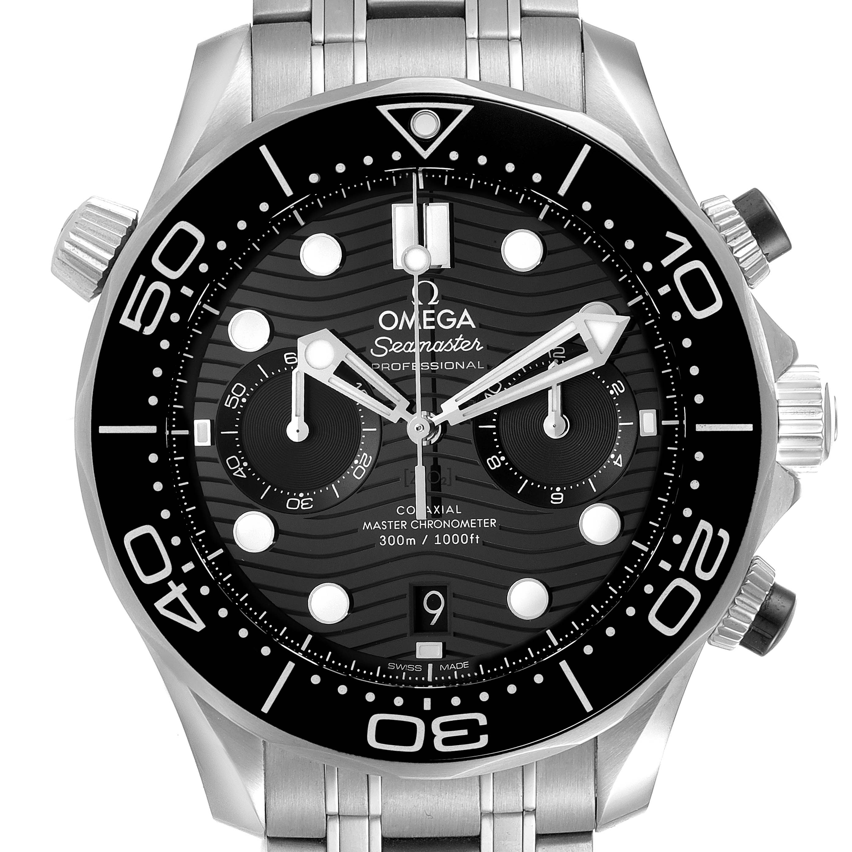 The image is a front view of an Omega Seamaster 210.30.44.51.01.001 Men
s Stainless Steel Black Dial 210.30.44.51.01.001 Men
s Stainless Steel Black Dial watch showing its dial, bezel, crown, pushers, and bracelet.