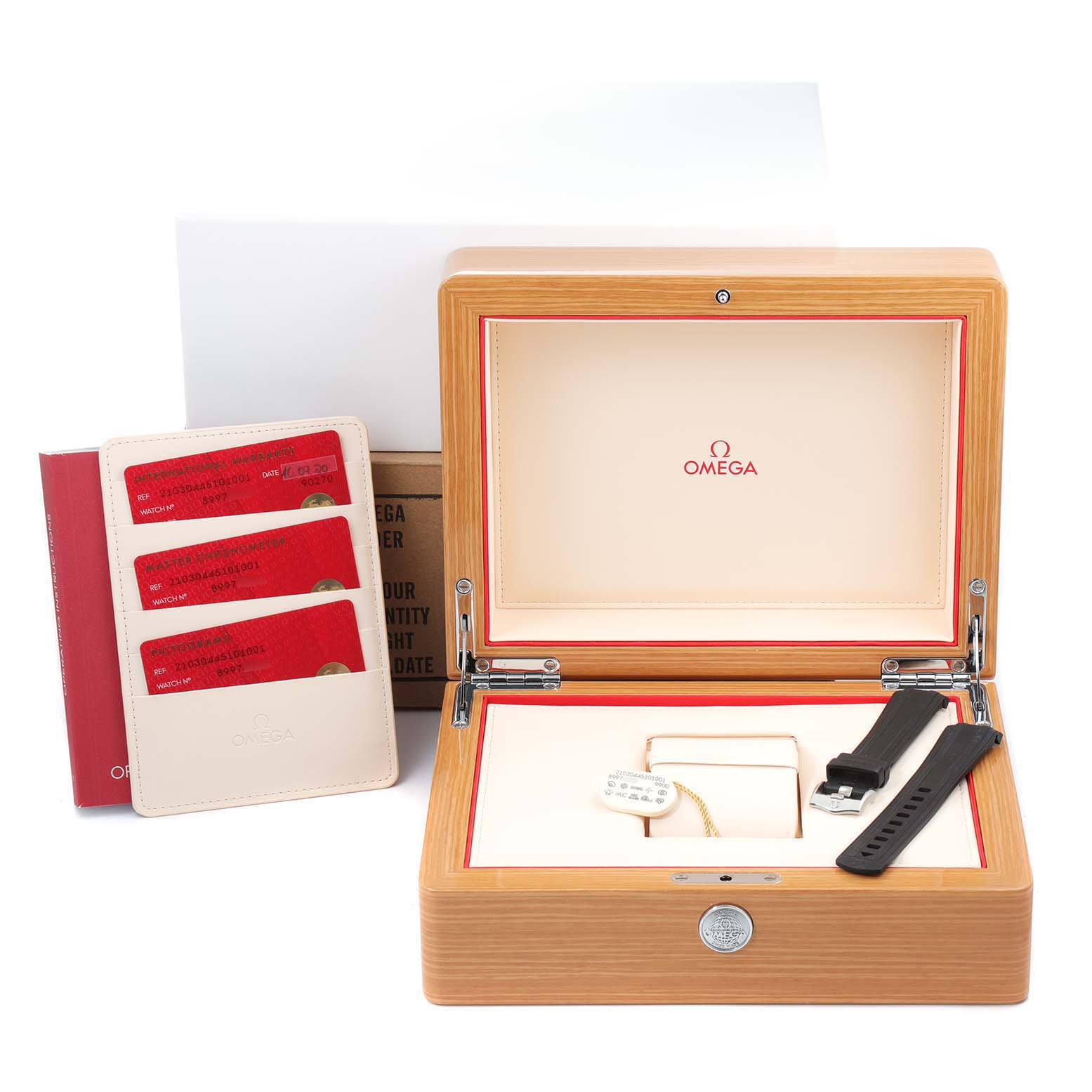 The image shows an Omega Seamaster 210.30.44.51.01.001 Men
s Stainless Steel Black Dial 210.30.44.51.01.001 Men
s Stainless Steel Black Dial watch box, warranty cards, and an interchangeable black strap.