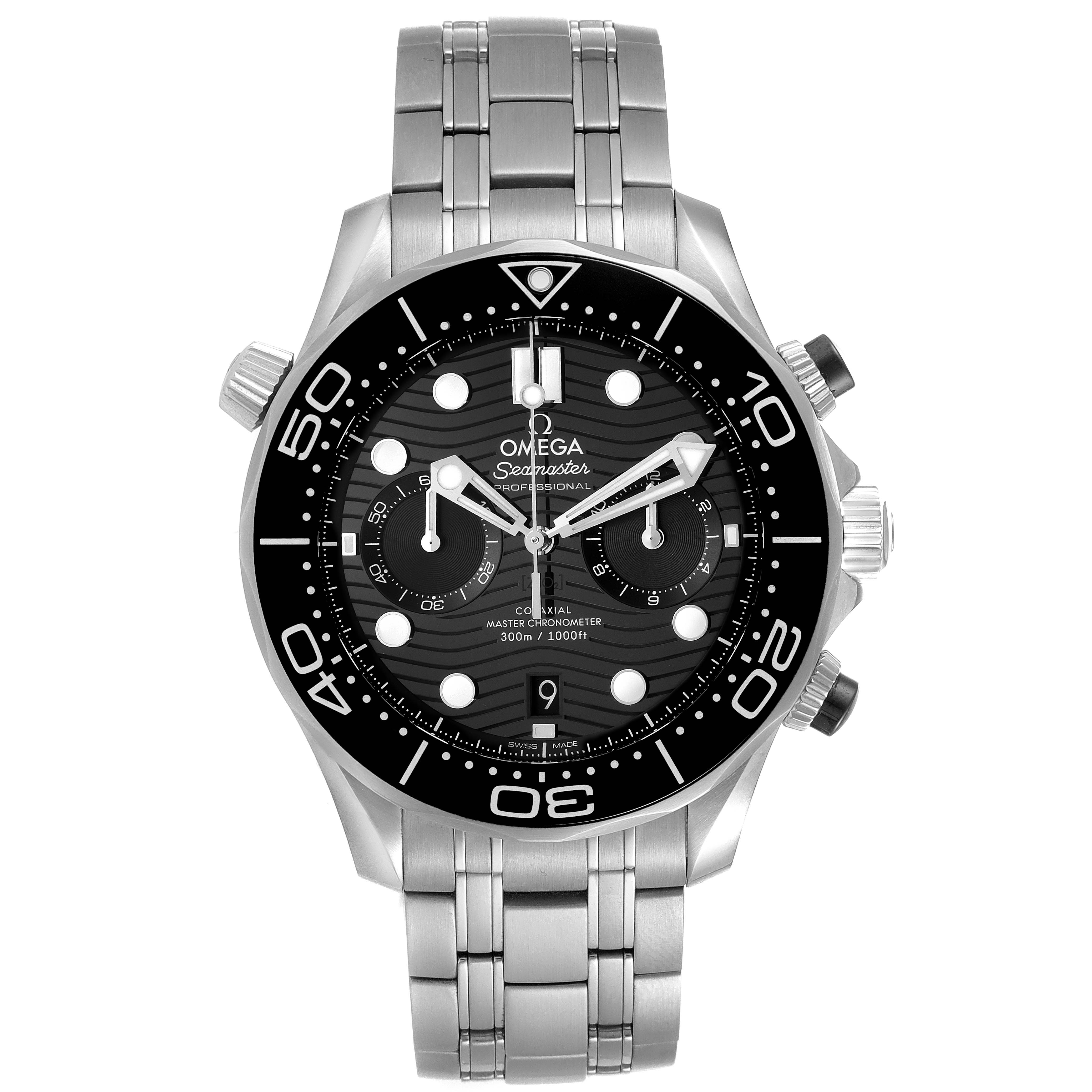 This image shows a front view of the Omega Seamaster 210.30.44.51.01.001 Men
s Stainless Steel Black Dial 210.30.44.51.01.001 Men
s Stainless Steel Black Dial watch, highlighting its face, bezel, and stainless steel bracelet.