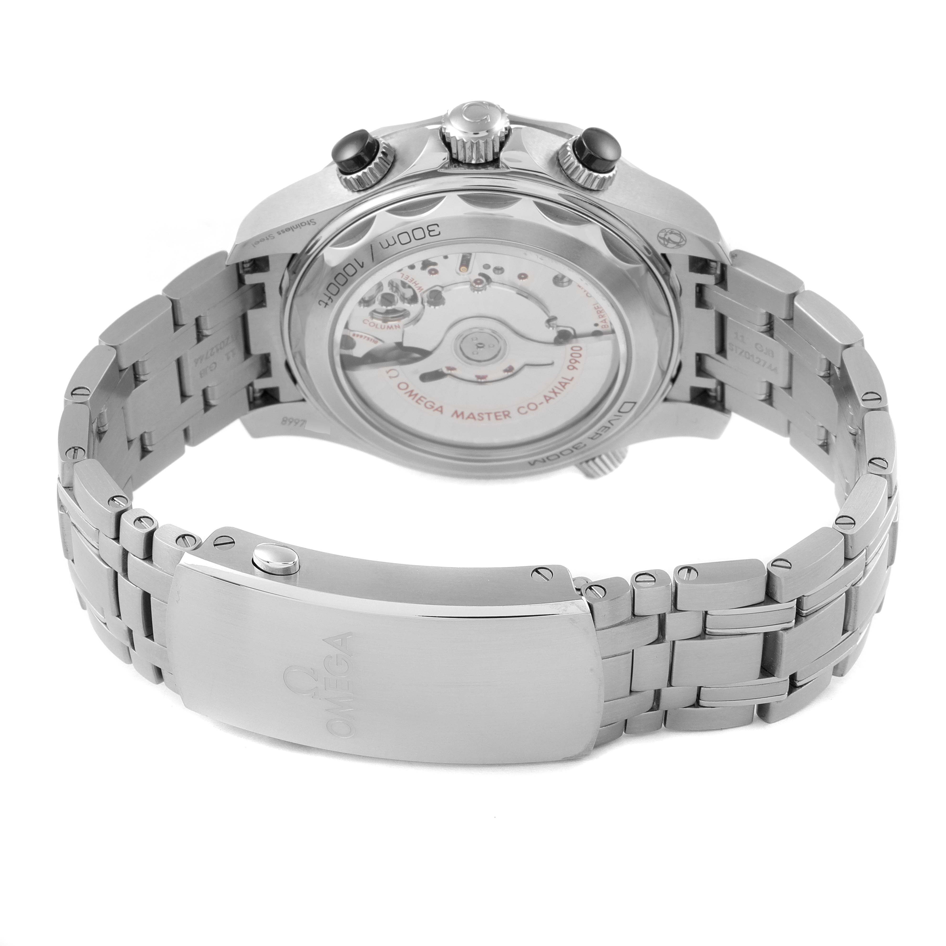 The image shows the back and bracelet of an Omega Seamaster 210.30.44.51.01.001 Men
s Stainless Steel Black Dial 210.30.44.51.01.001 Men
s Stainless Steel Black Dial watch, highlighting its exposed movement and clasp.