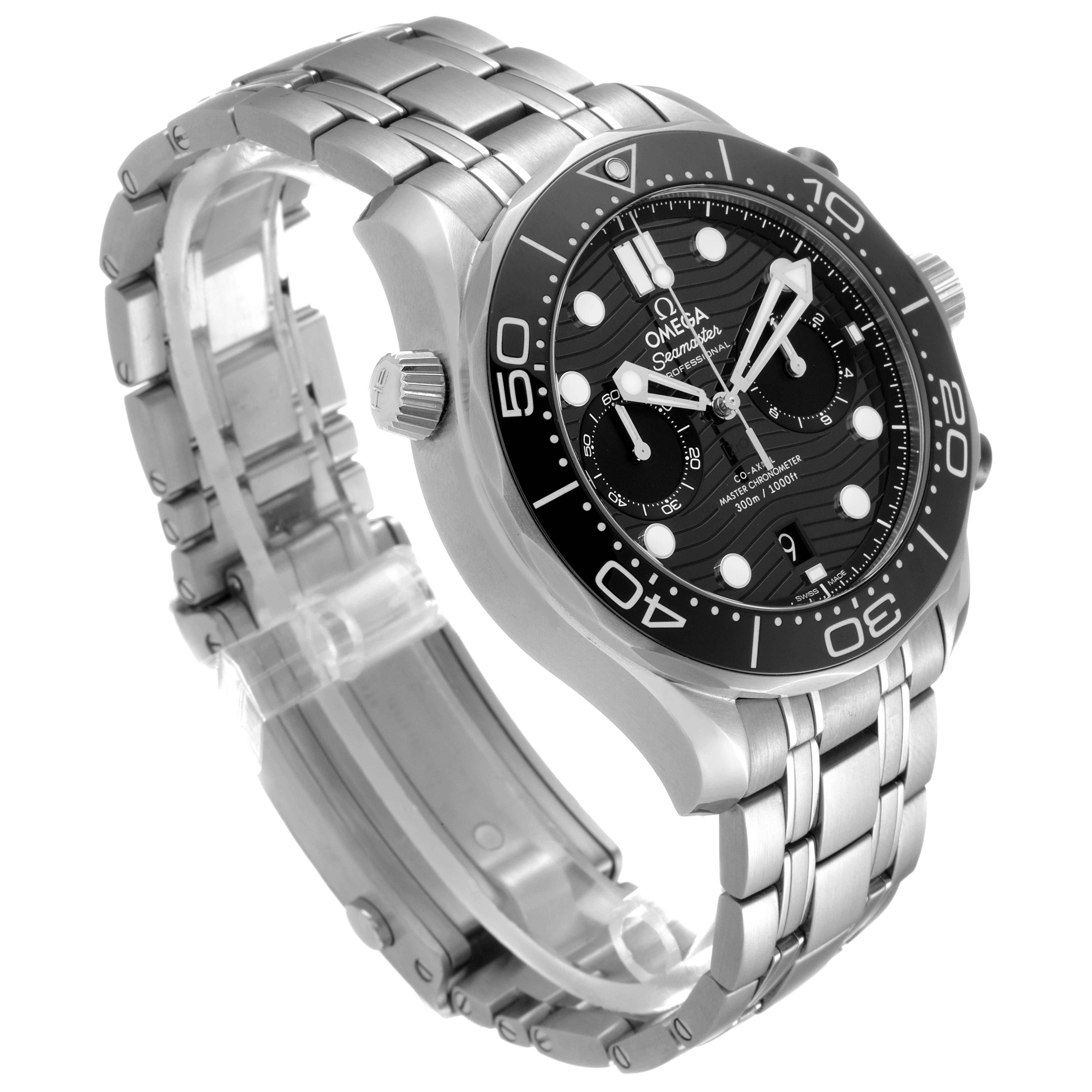 The image shows an angled view of the Omega Seamaster 210.30.44.51.01.001 Men
s Stainless Steel Black Dial 210.30.44.51.01.001 Men
s Stainless Steel Black Dial watch, showcasing its dial, bezel, and metal bracelet.