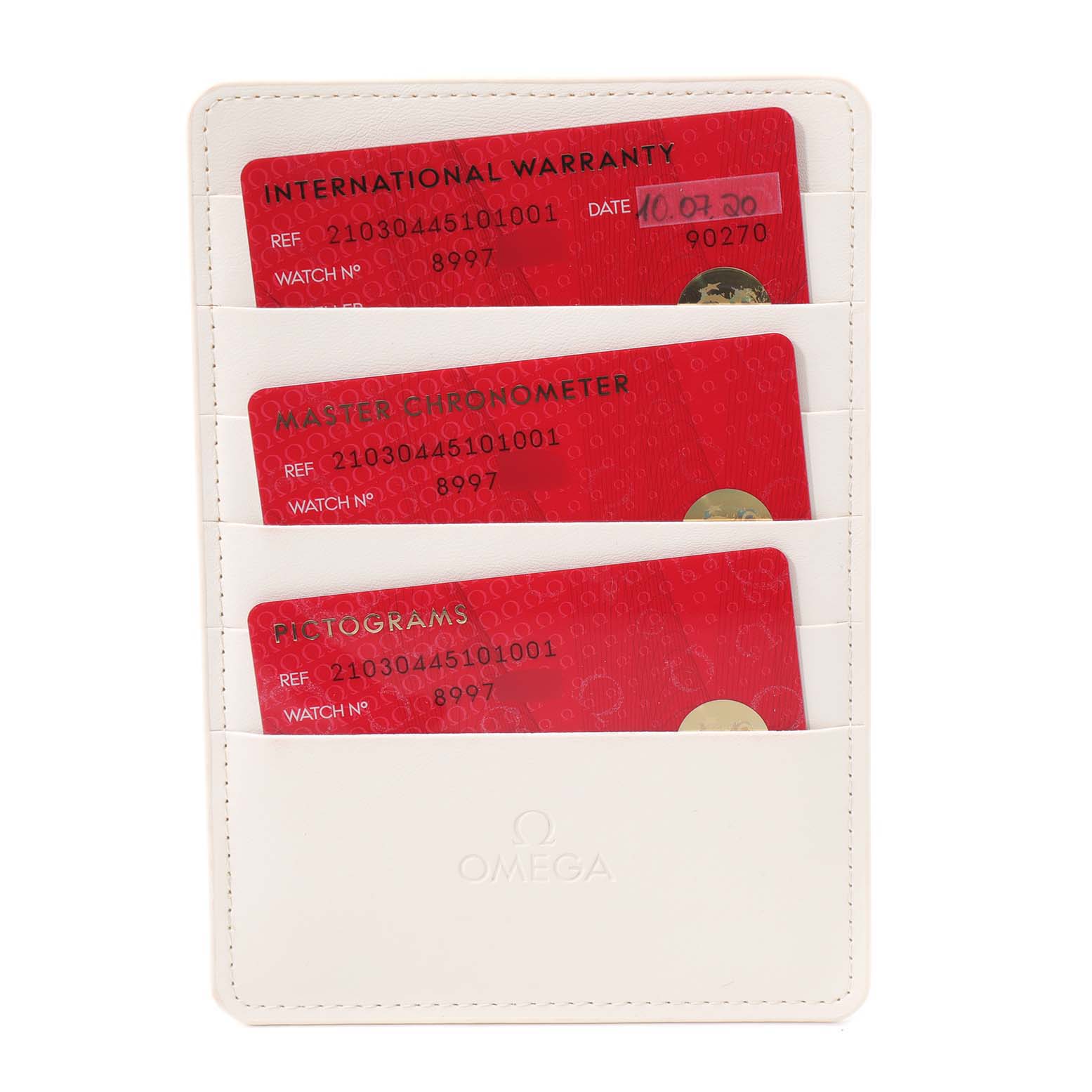 The image shows the warranty and certification cards for the Omega Seamaster 210.30.44.51.01.001 Men
s Stainless Steel Black Dial 210.30.44.51.01.001 Men
s Stainless Steel Black Dial model in a white cardholder.