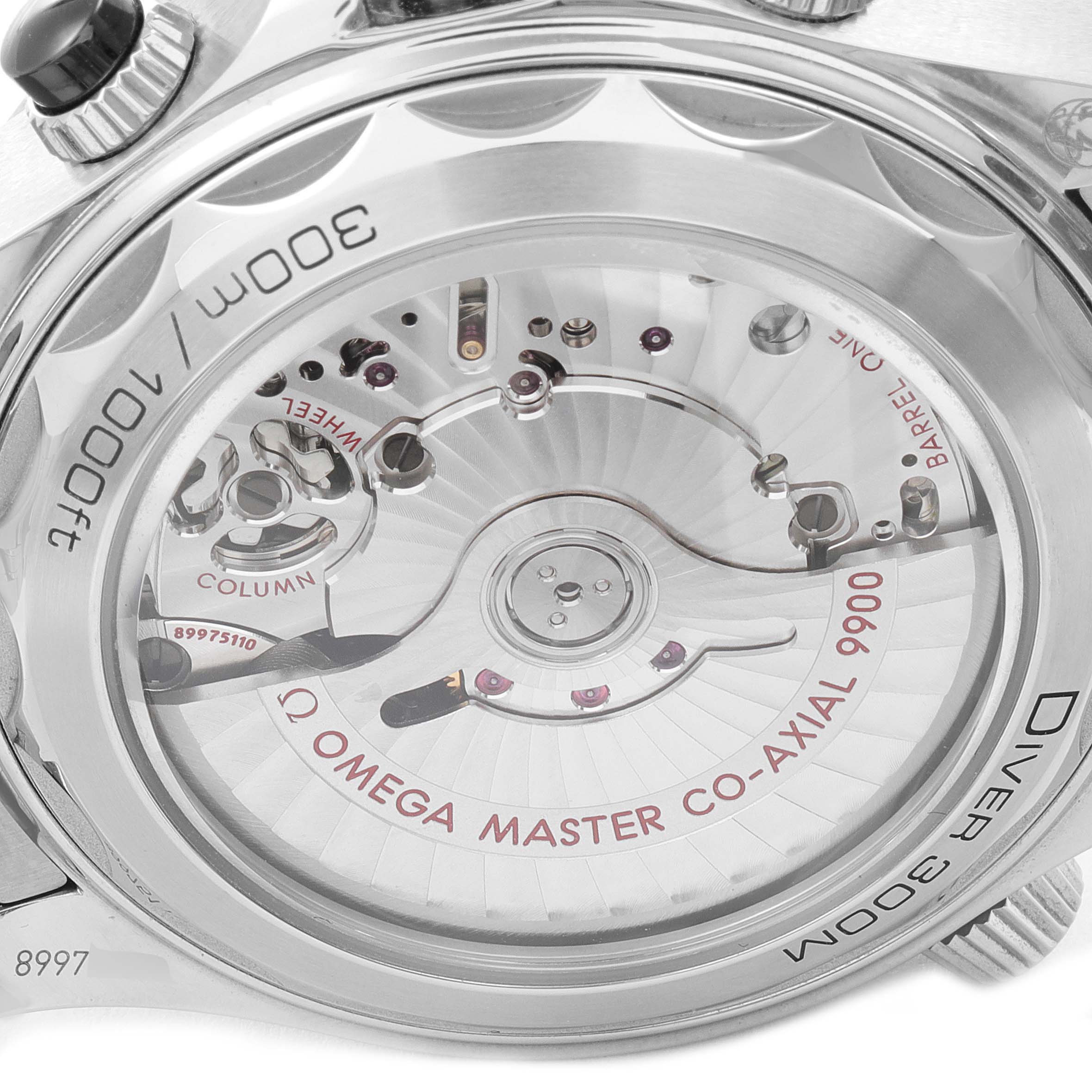 The image shows the back view of the Omega Seamaster 210.30.44.51.01.001 Men
s Stainless Steel Black Dial 210.30.44.51.01.001 Men
s Stainless Steel Black Dial watch, highlighting its Omega Master Co-Axial 9900 movement.