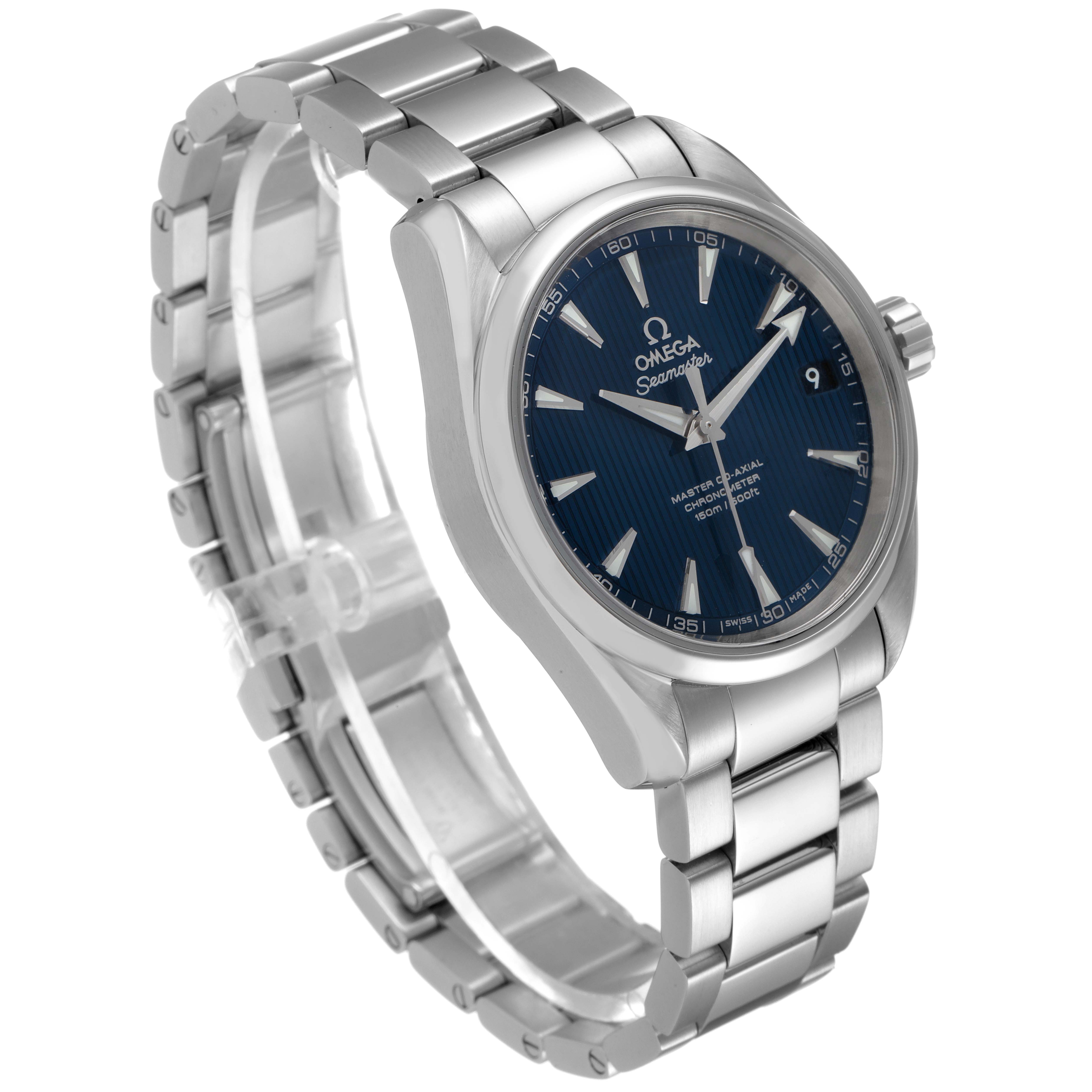 The Omega Aqua Terra 231.10.39.21.03.002 Men's Stainless Steel Blue Dial 231.10.39.21.03.002 Men's Stainless Steel Blue Dial watch is shown at a three-quarter angle, highlighting the face, bezel, and bracelet.