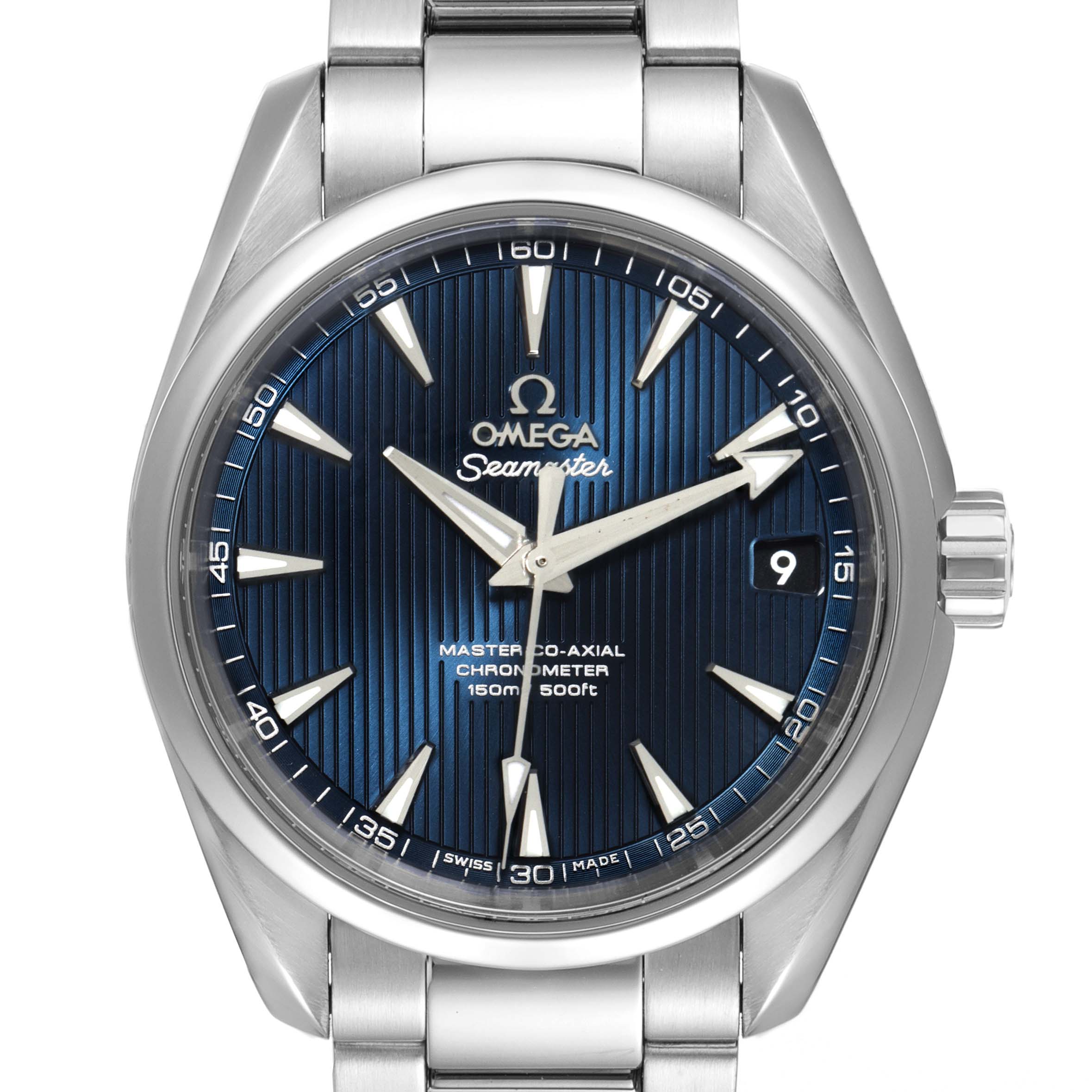 This image shows a frontal view of the Omega Aqua Terra 231.10.39.21.03.002 Men's Stainless Steel Blue Dial 231.10.39.21.03.002 Men's Stainless Steel Blue Dial watch, featuring its dial, hour markers, and crown.