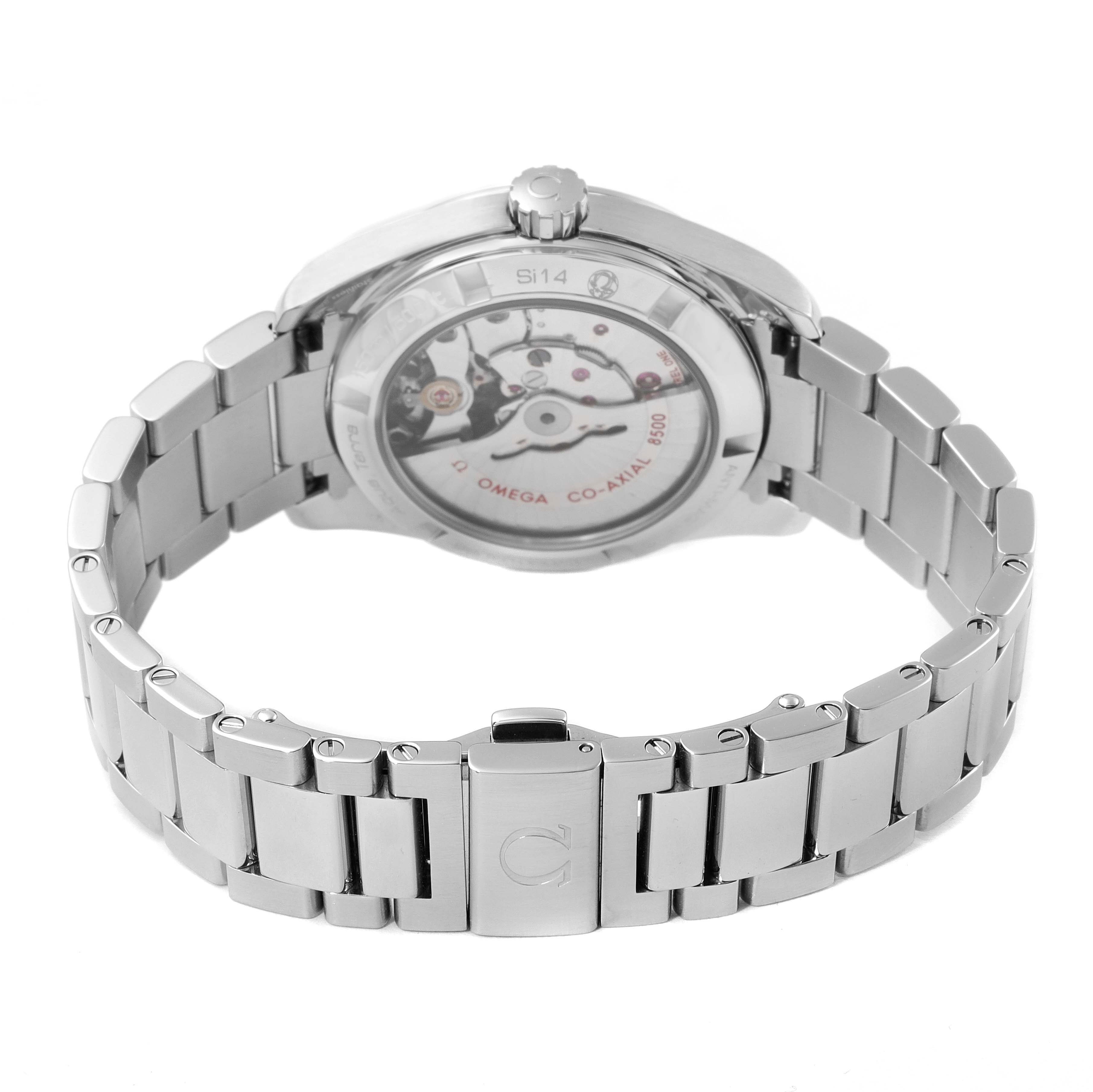 The image shows the back and bracelet of an Omega Aqua Terra 231.10.39.21.03.002 Men's Stainless Steel Blue Dial 231.10.39.21.03.002 Men's Stainless Steel Blue Dial watch, highlighting its movement and clasp.