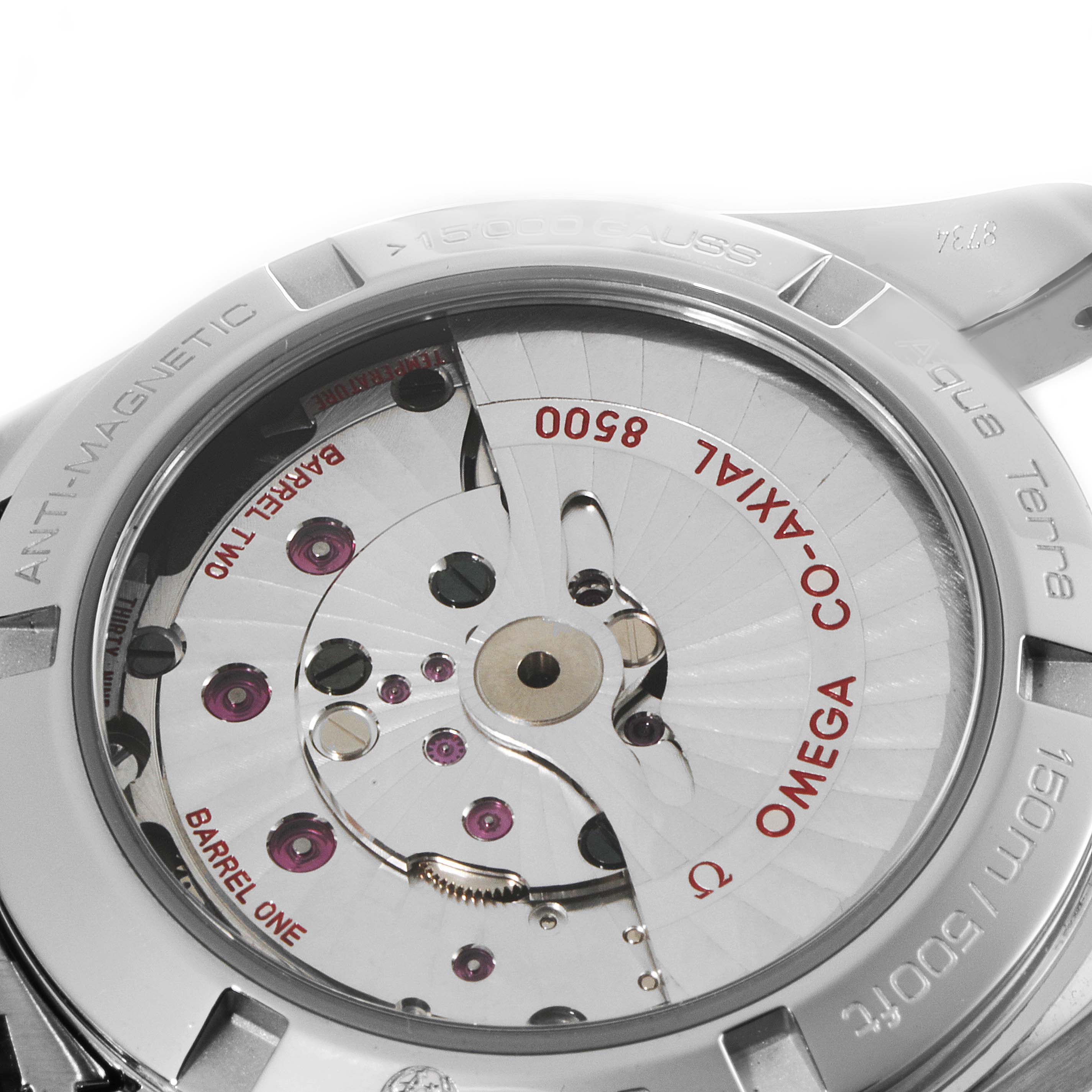 This image shows the back view of the Omega Aqua Terra 231.10.39.21.03.002 Men's Stainless Steel Blue Dial 231.10.39.21.03.002 Men's Stainless Steel Blue Dial watch, displaying its Co-Axial 8500 movement mechanism.