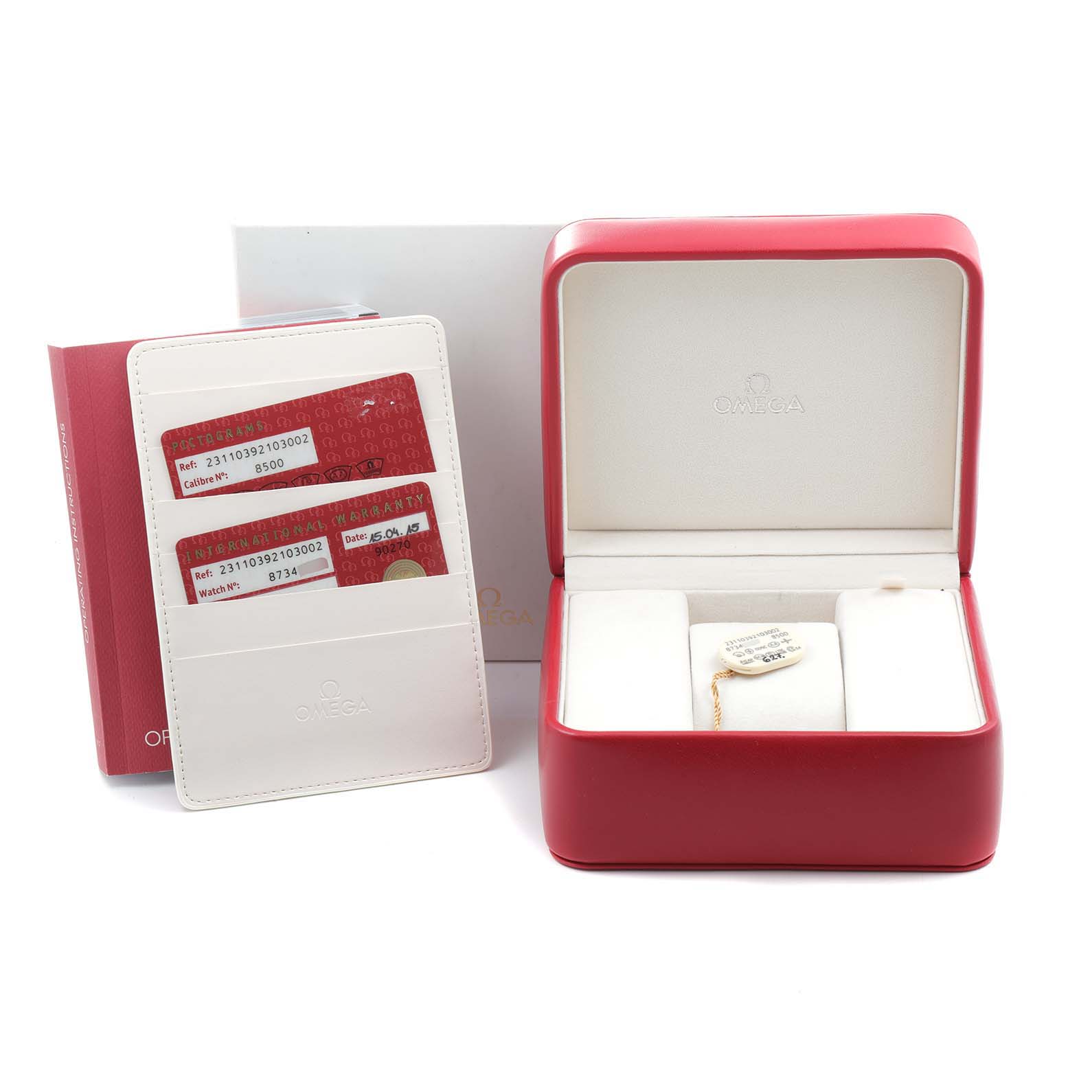 The image shows an Omega Aqua Terra 231.10.39.21.03.002 Men's Stainless Steel Blue Dial 231.10.39.21.03.002 Men's Stainless Steel Blue Dial watch box, a warranty card holder with cards, and an empty watch cushion inside the box.