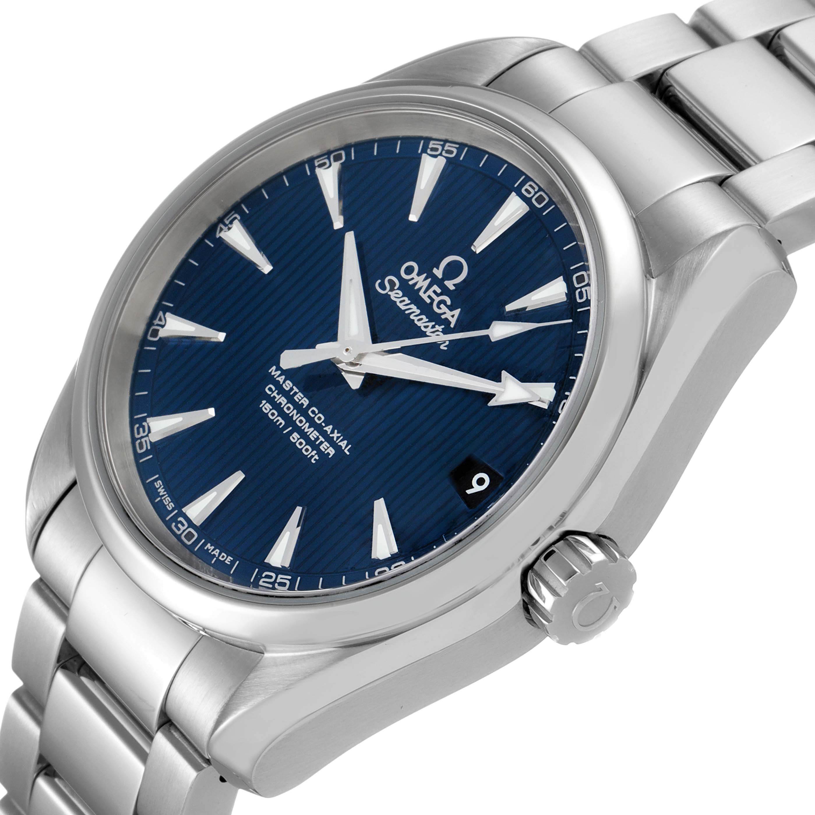 The image shows an angled view of the Omega Aqua Terra 231.10.39.21.03.002 Men's Stainless Steel Blue Dial 231.10.39.21.03.002 Men's Stainless Steel Blue Dial watch, highlighting the dial, case, crown, and part of the bracelet.