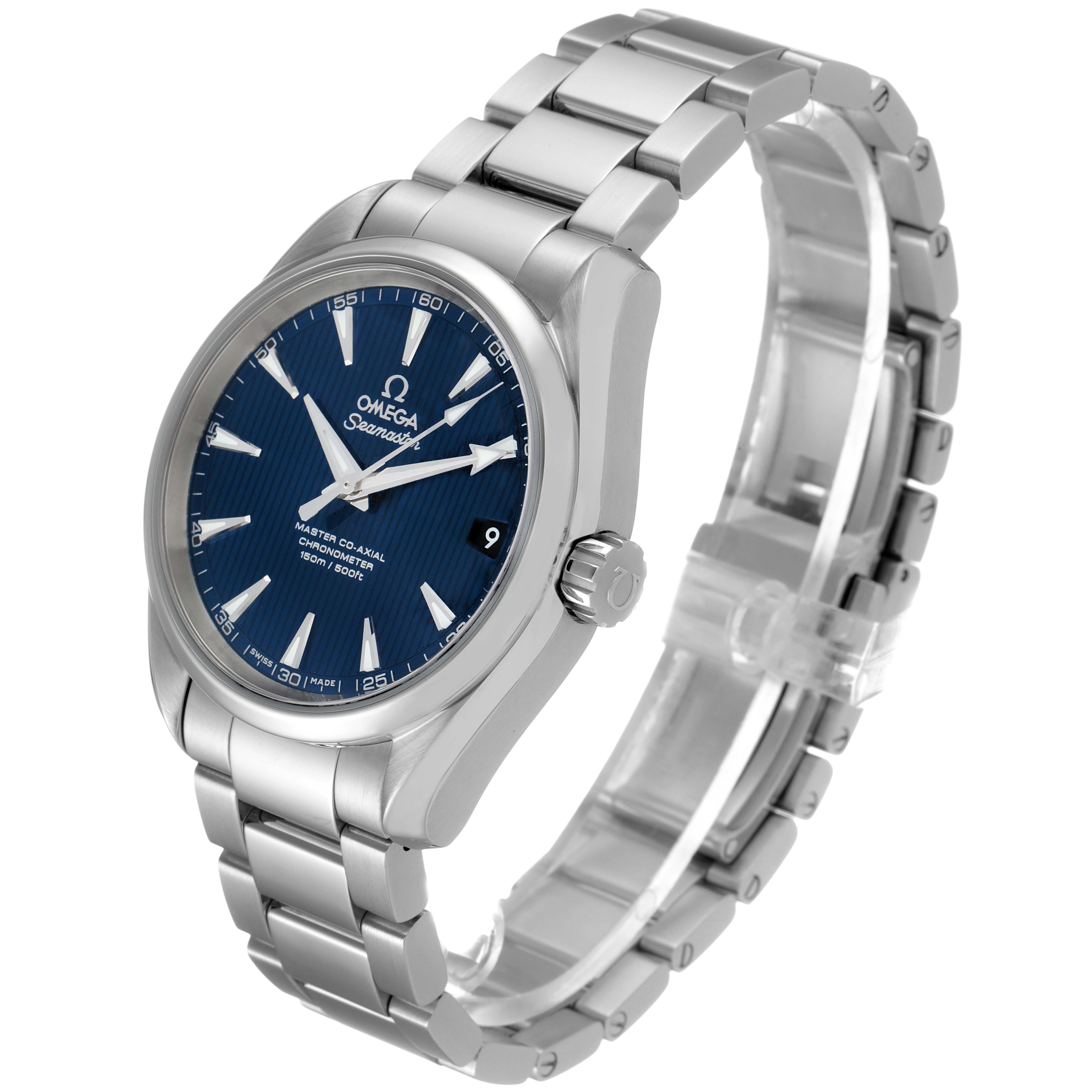 The Omega Aqua Terra 231.10.39.21.03.002 Men's Stainless Steel Blue Dial 231.10.39.21.03.002 Men's Stainless Steel Blue Dial watch is shown at a slight angle, displaying its face, crown, and stainless steel bracelet.