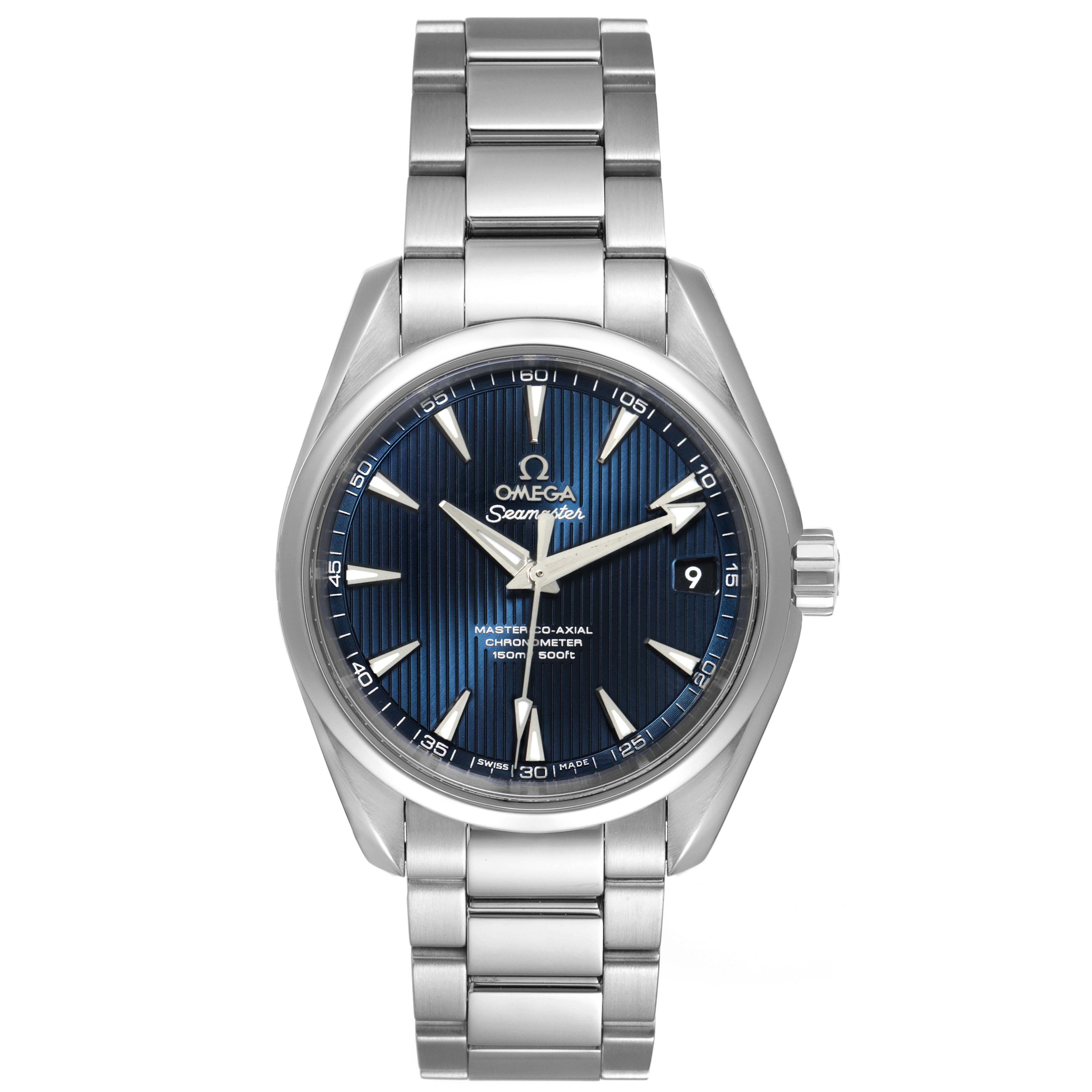 This is a front view of the Omega Aqua Terra 231.10.39.21.03.002 Men's Stainless Steel Blue Dial 231.10.39.21.03.002 Men's Stainless Steel Blue Dial Seamaster watch showing the face, bracelet, crown, and dial details.