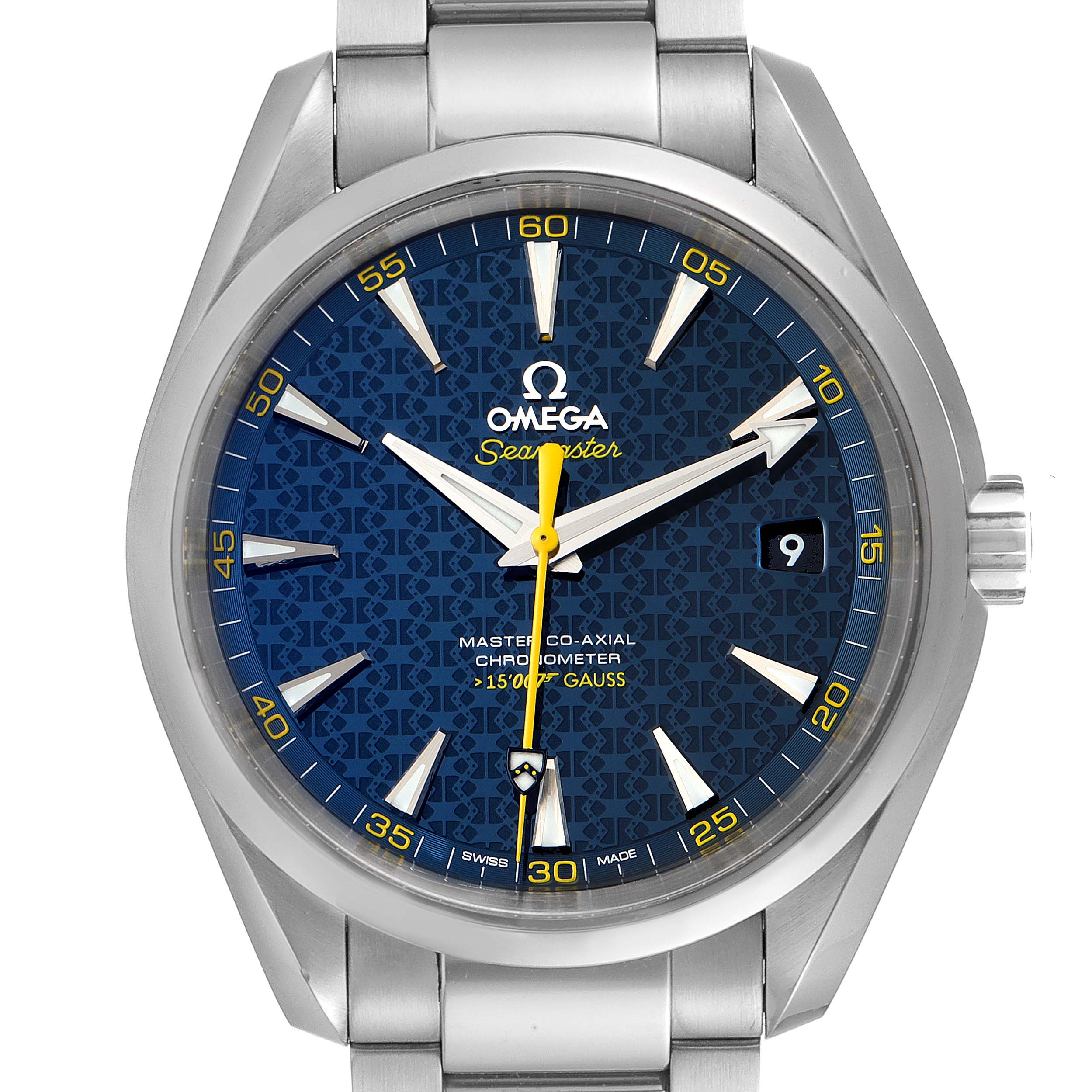 This image shows a front view of the Omega Aqua Terra 231.10.42.21.03.004 Men
s Stainless Steel Blue Dial 231.10.42.21.03.004 Men
s Stainless Steel Blue Dial watch, featuring the dial, hands, and part of the bracelet.