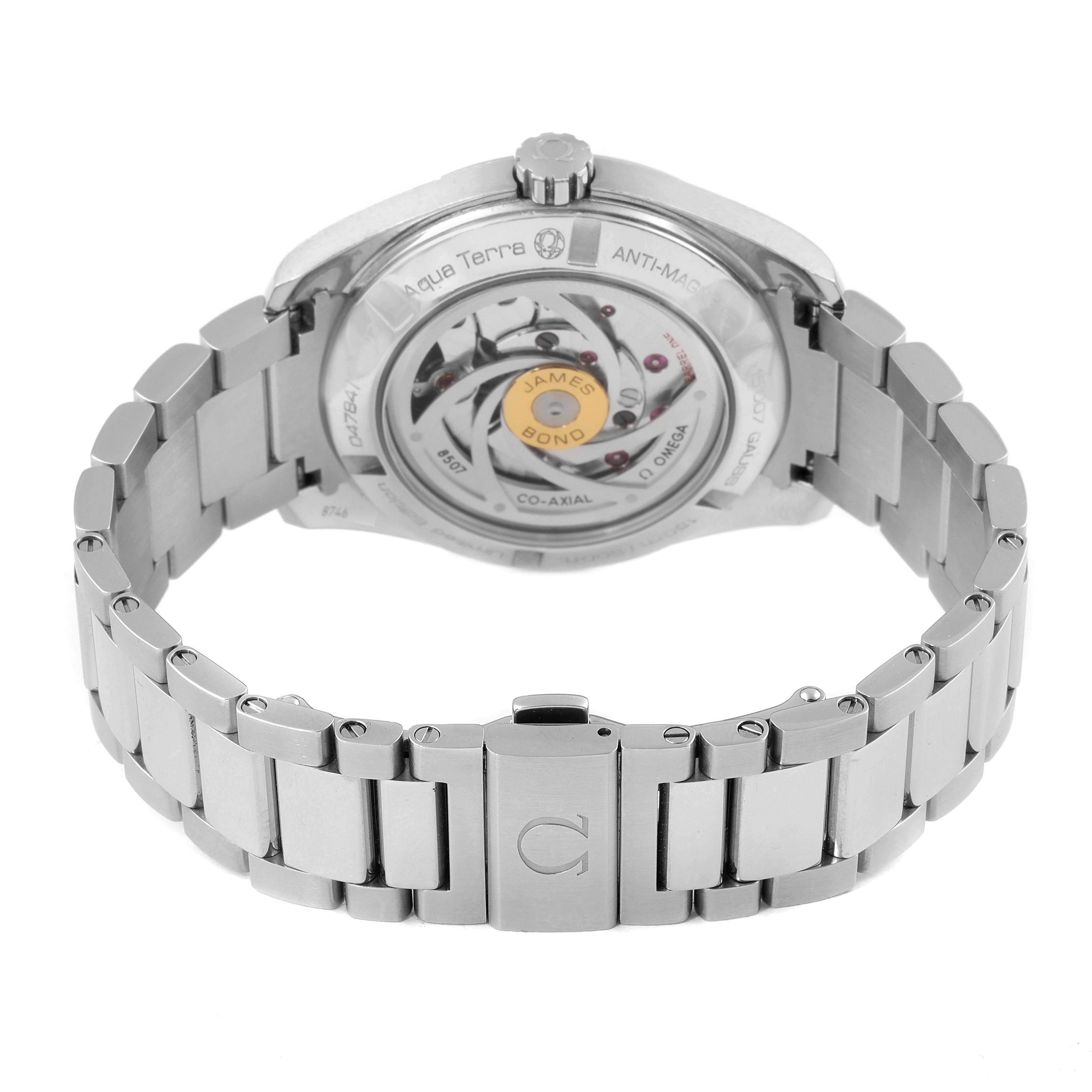 The image shows the back view of an Omega Aqua Terra 231.10.42.21.03.004 Men
s Stainless Steel Blue Dial 231.10.42.21.03.004 Men
s Stainless Steel Blue Dial watch, highlighting the caseback and the metal bracelet.