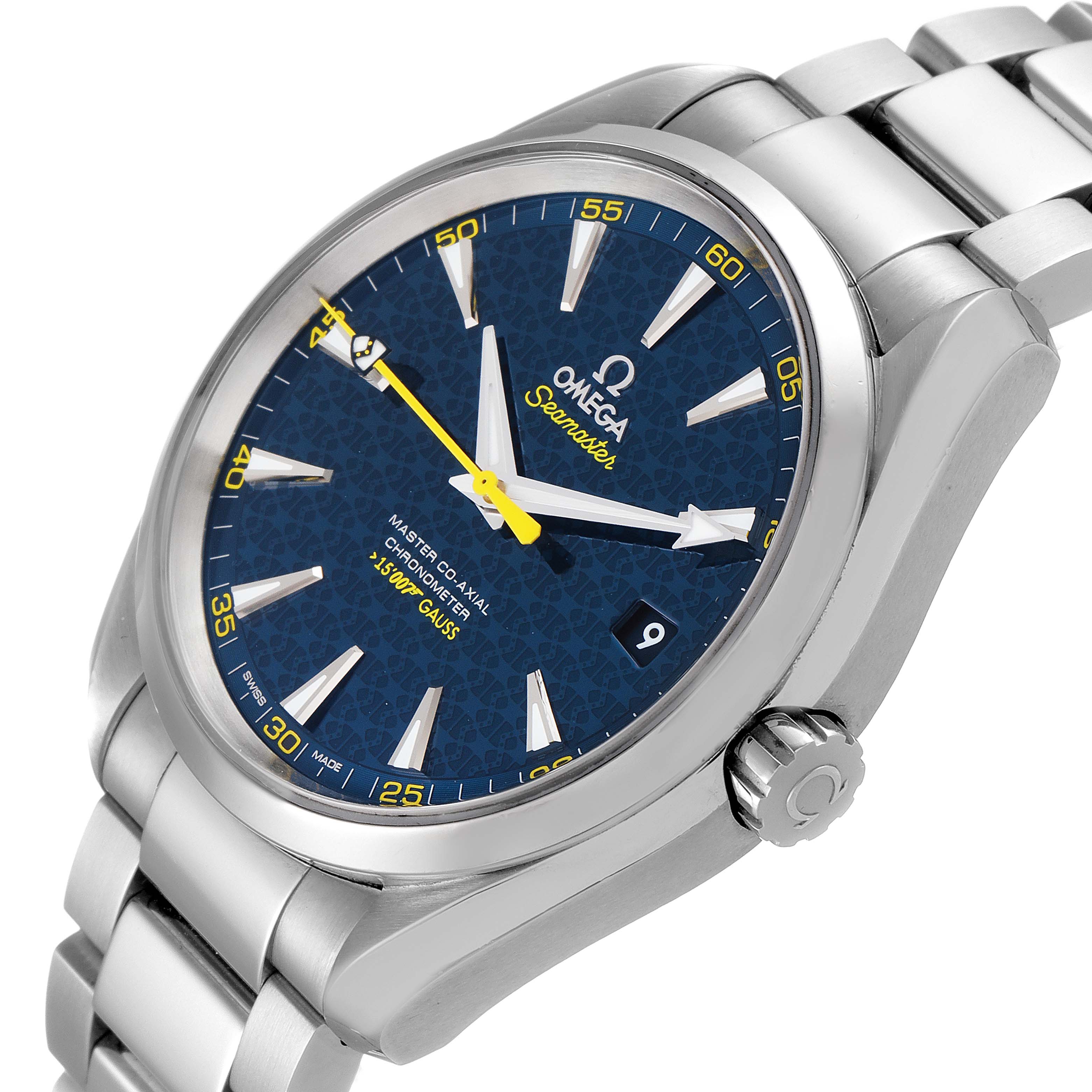 The image shows an angled view of the Omega Aqua Terra 231.10.42.21.03.004 Men
s Stainless Steel Blue Dial 231.10.42.21.03.004 Men
s Stainless Steel Blue Dial watch, displaying its face, bezel, crown, and part of the bracelet.