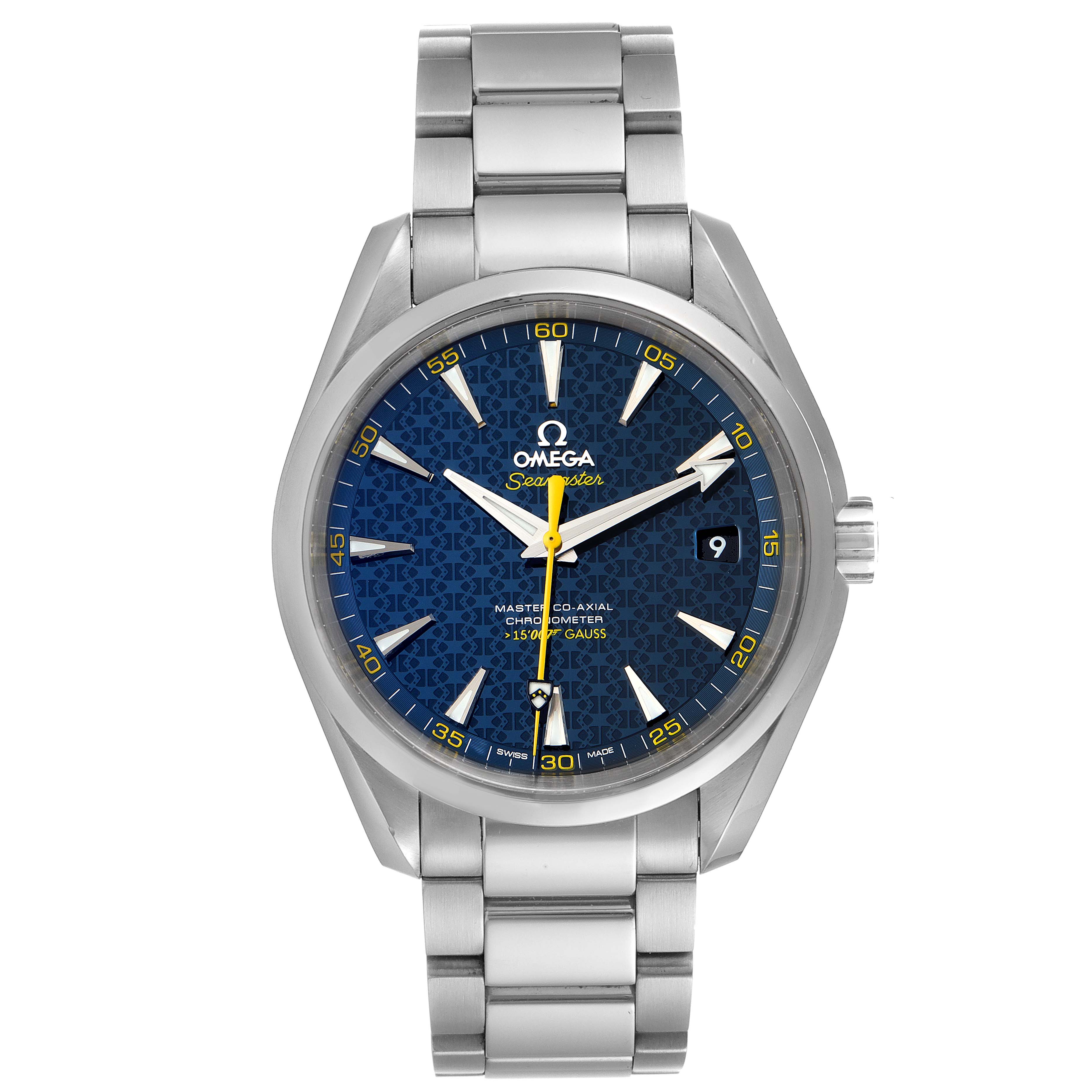 The image shows a front view of the Omega Aqua Terra 231.10.42.21.03.004 Men
s Stainless Steel Blue Dial 231.10.42.21.03.004 Men
s Stainless Steel Blue Dial watch, highlighting its blue dial, silver bezel, and metal bracelet.