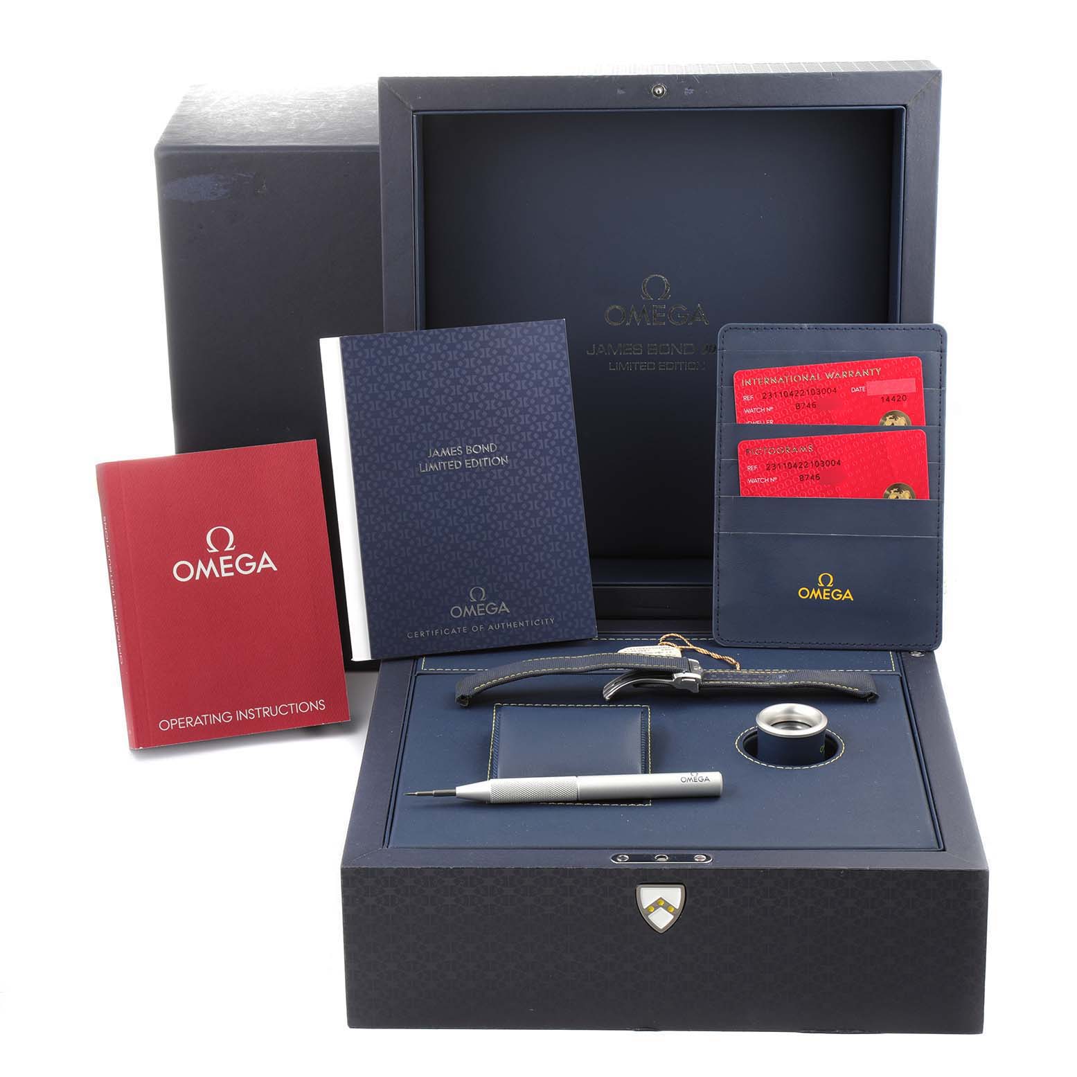 The image shows the accessories and packaging for the Omega Aqua Terra 231.10.42.21.03.004 Men
s Stainless Steel Blue Dial 231.10.42.21.03.004 Men
s Stainless Steel Blue Dial watch, including warranty cards, operating instructions, a tool, and a certificate of Best Quality
ity.