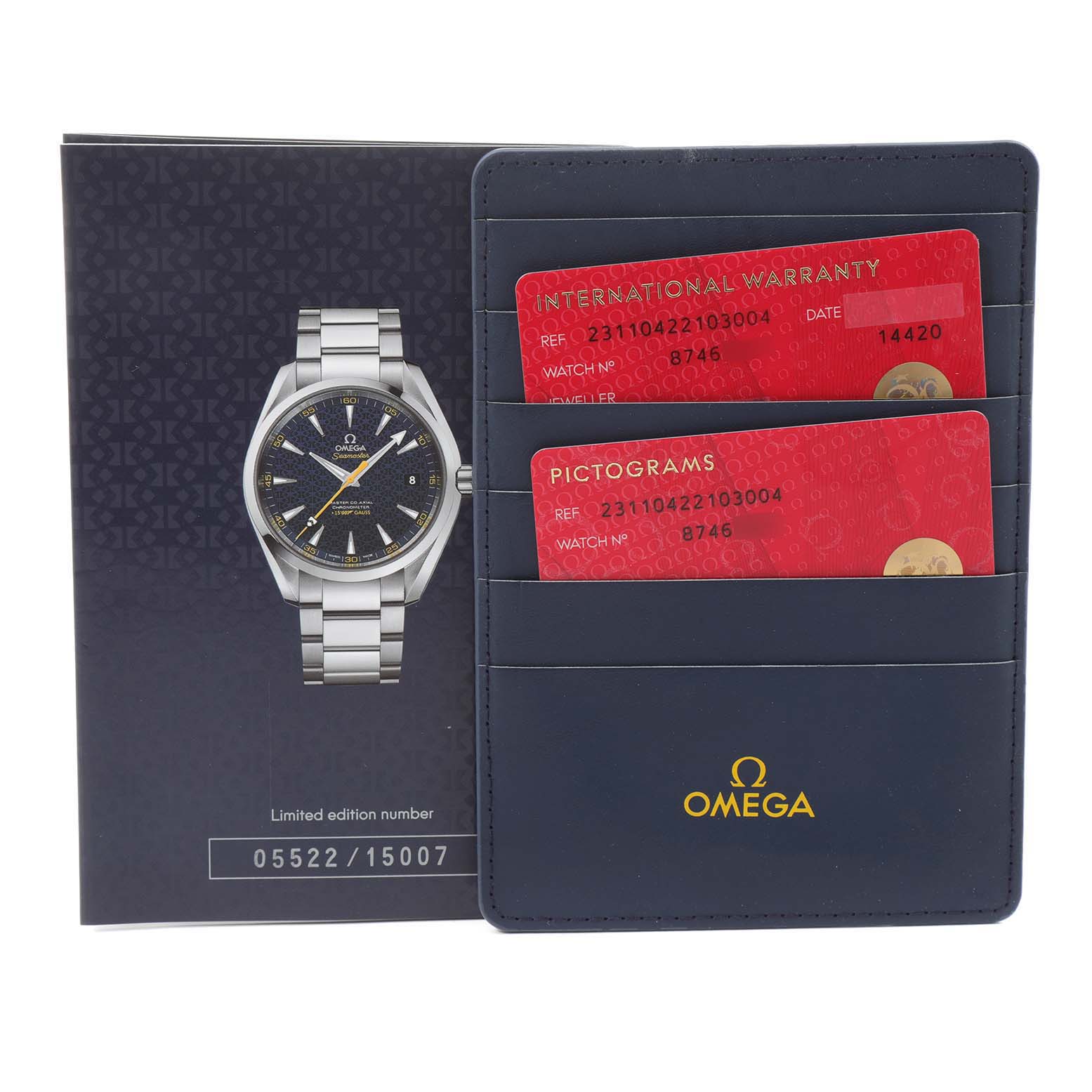 The image shows the Omega Aqua Terra 231.10.42.21.03.004 Men
s Stainless Steel Blue Dial 231.10.42.21.03.004 Men
s Stainless Steel Blue Dial watch, its international warranty card, and pictograms card in a blue holder.