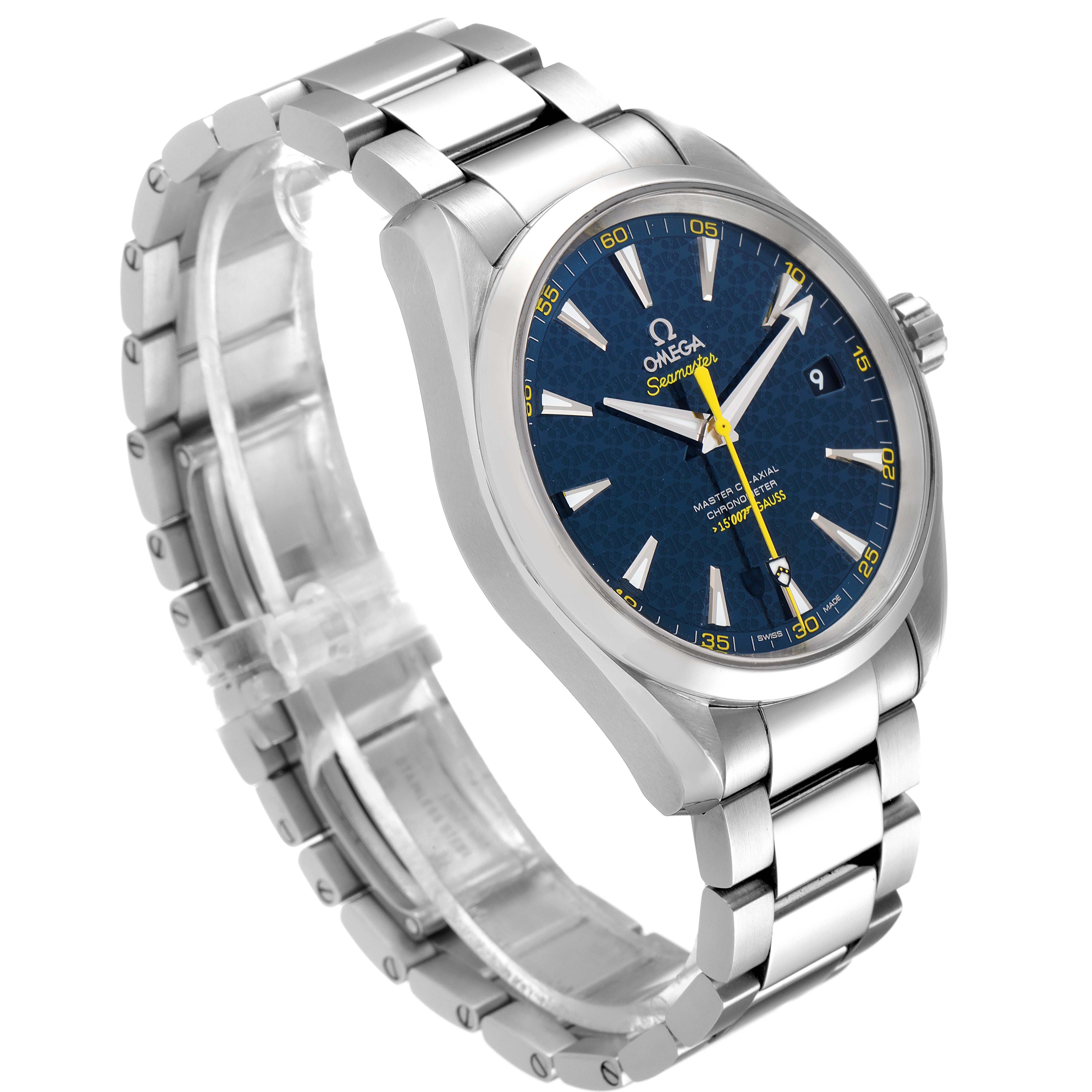 The image shows an Omega Aqua Terra 231.10.42.21.03.004 Men
s Stainless Steel Blue Dial 231.10.42.21.03.004 Men
s Stainless Steel Blue Dial watch at a slight angle, highlighting its blue dial, stainless steel bracelet, and crown.
