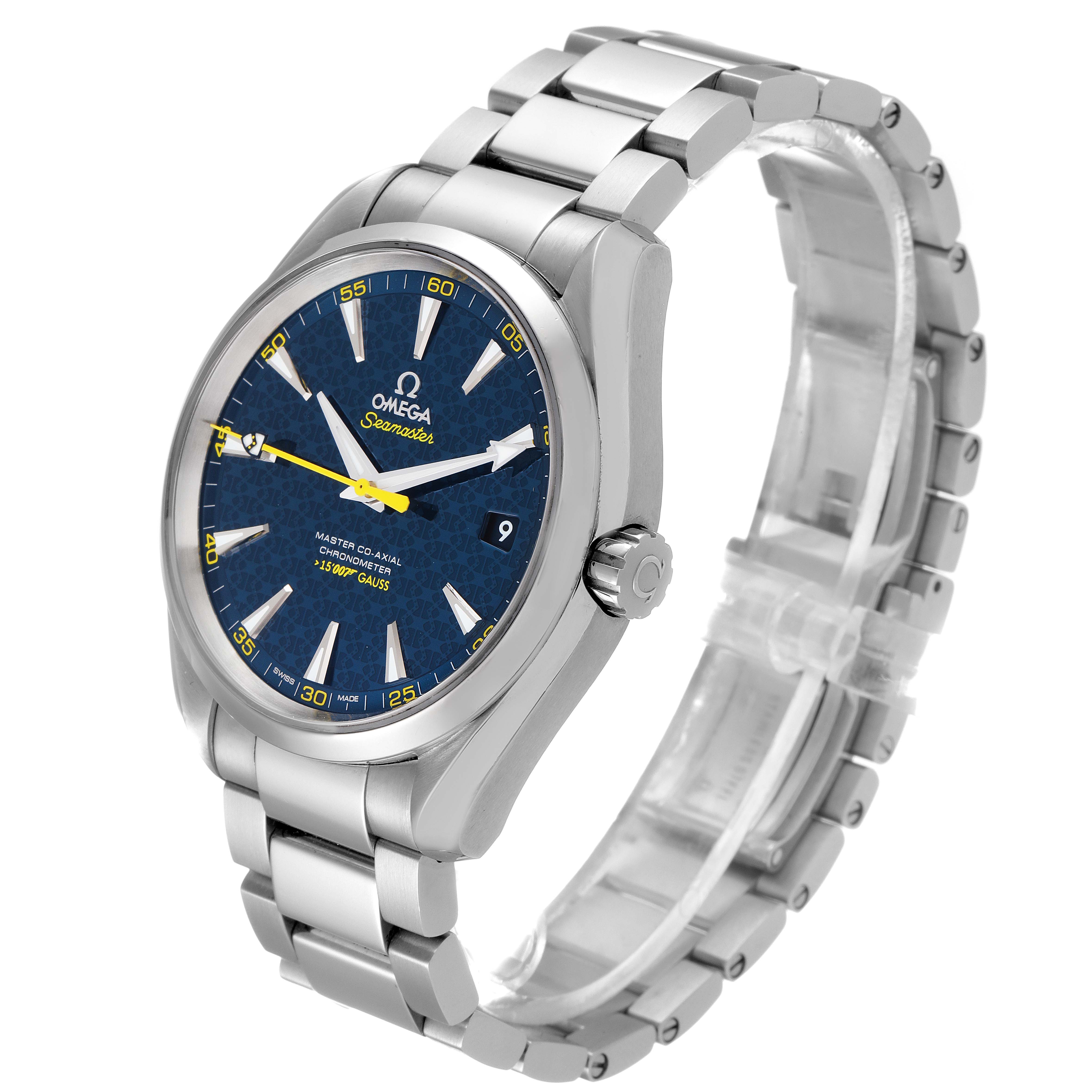 The image shows an Aqua Terra model by Omega at a three-quarter angle, highlighting the watch
s dial, case, and bracelet.