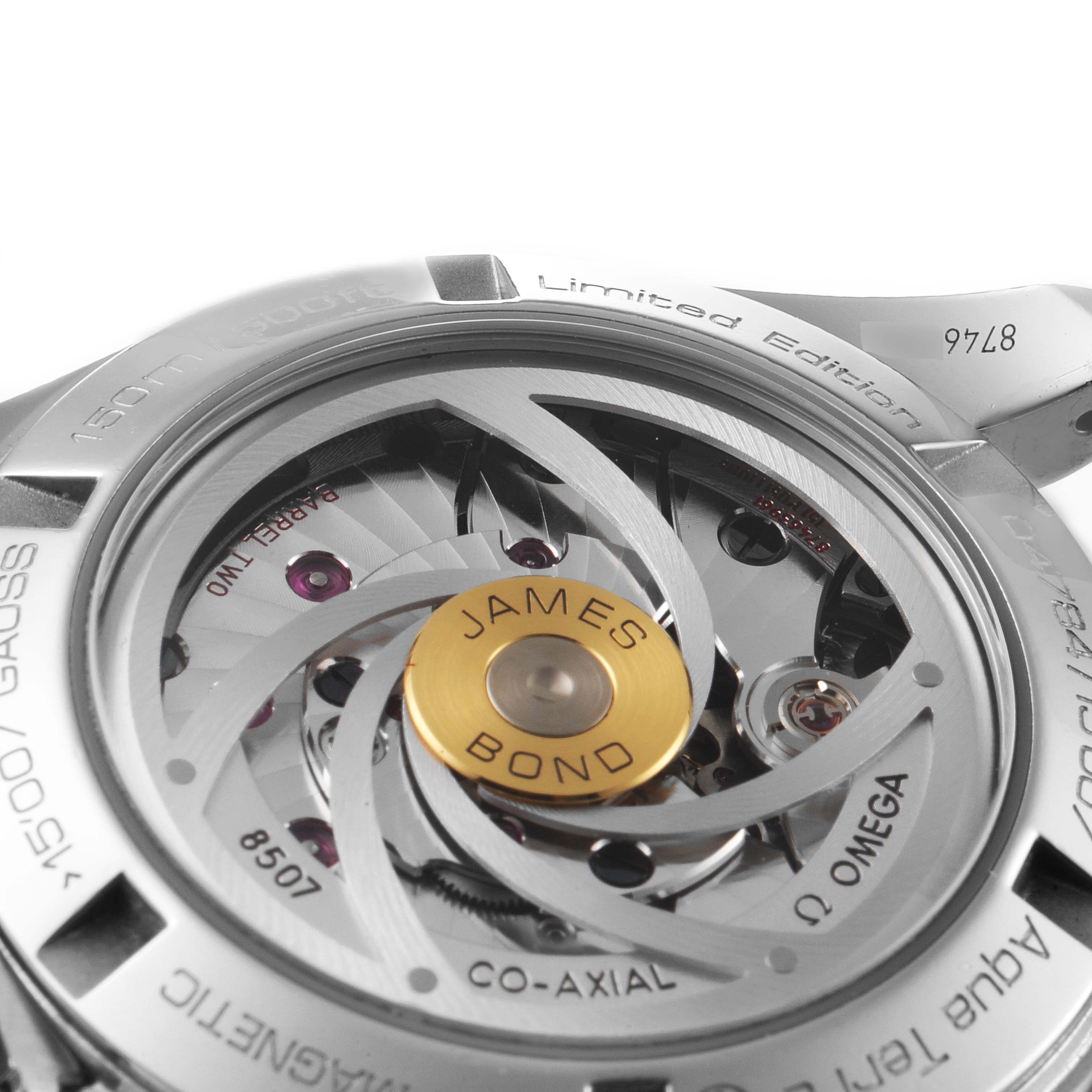 The image shows the back view of an Omega Aqua Terra 231.10.42.21.03.004 Men
s Stainless Steel Blue Dial 231.10.42.21.03.004 Men
s Stainless Steel Blue Dial watch, highlighting its intricate movement and "James Bond" inscription.