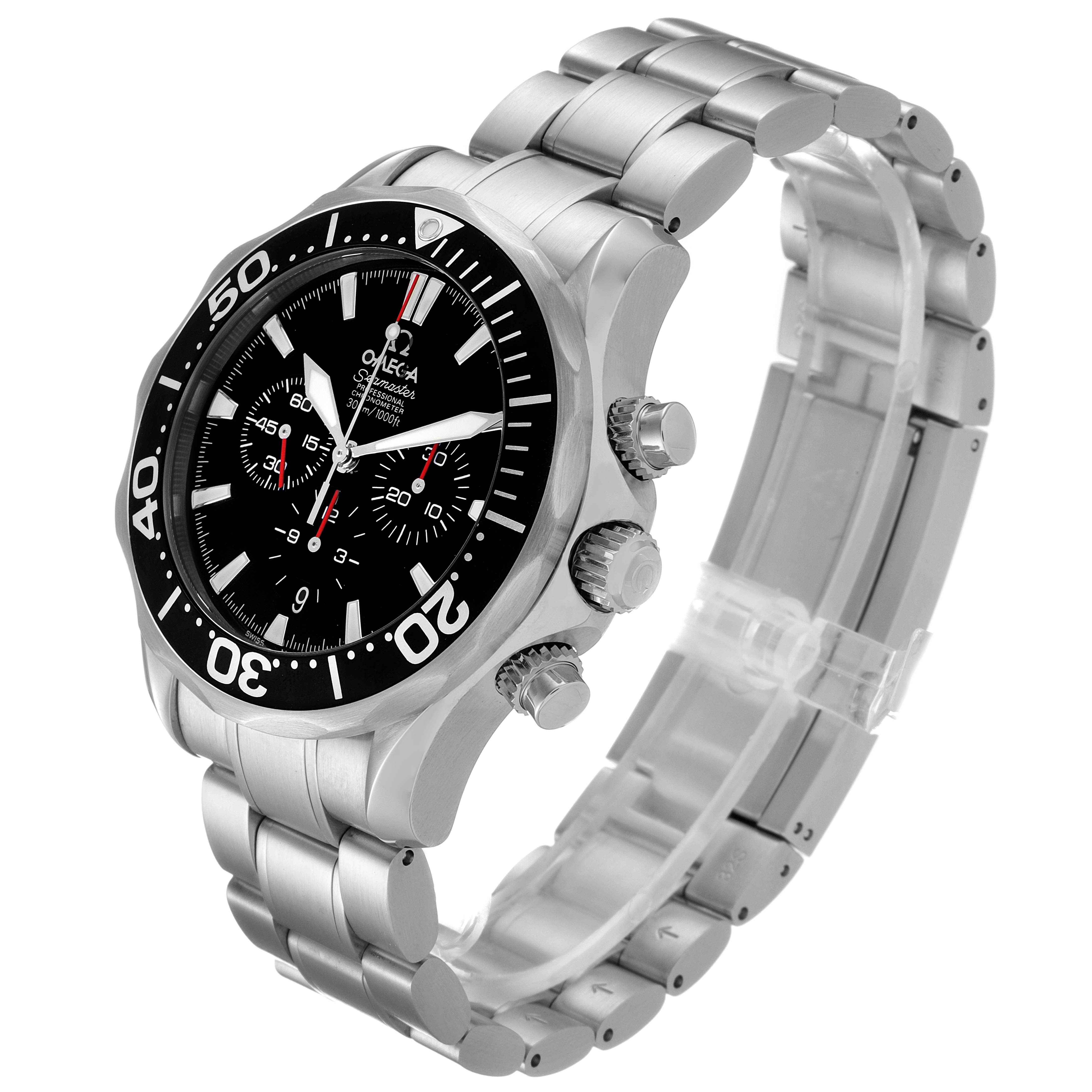 The Omega Seamaster 2594.52.00 Men's Stainless Steel Black Dial 2594.52.00 Men's Stainless Steel Black Dial watch is shown at an oblique angle, highlighting its black dial, bezel, crown, and stainless steel bracelet.
