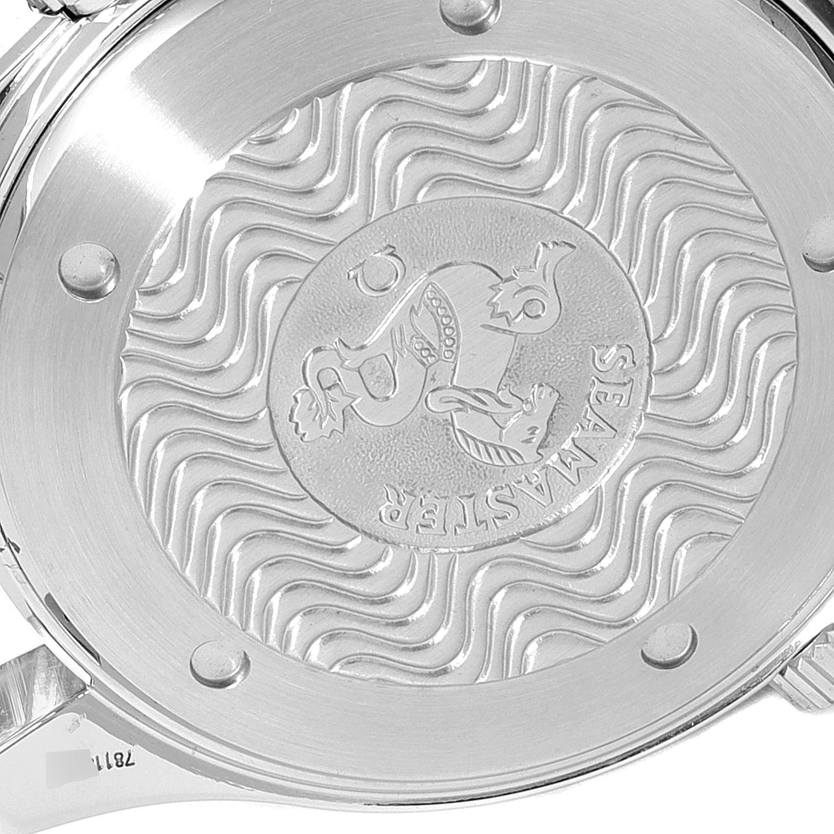The image shows the case back of an Omega Seamaster 2594.52.00 Men's Stainless Steel Black Dial 2594.52.00 Men's Stainless Steel Black Dial watch, highlighting the engraved logo and pattern.