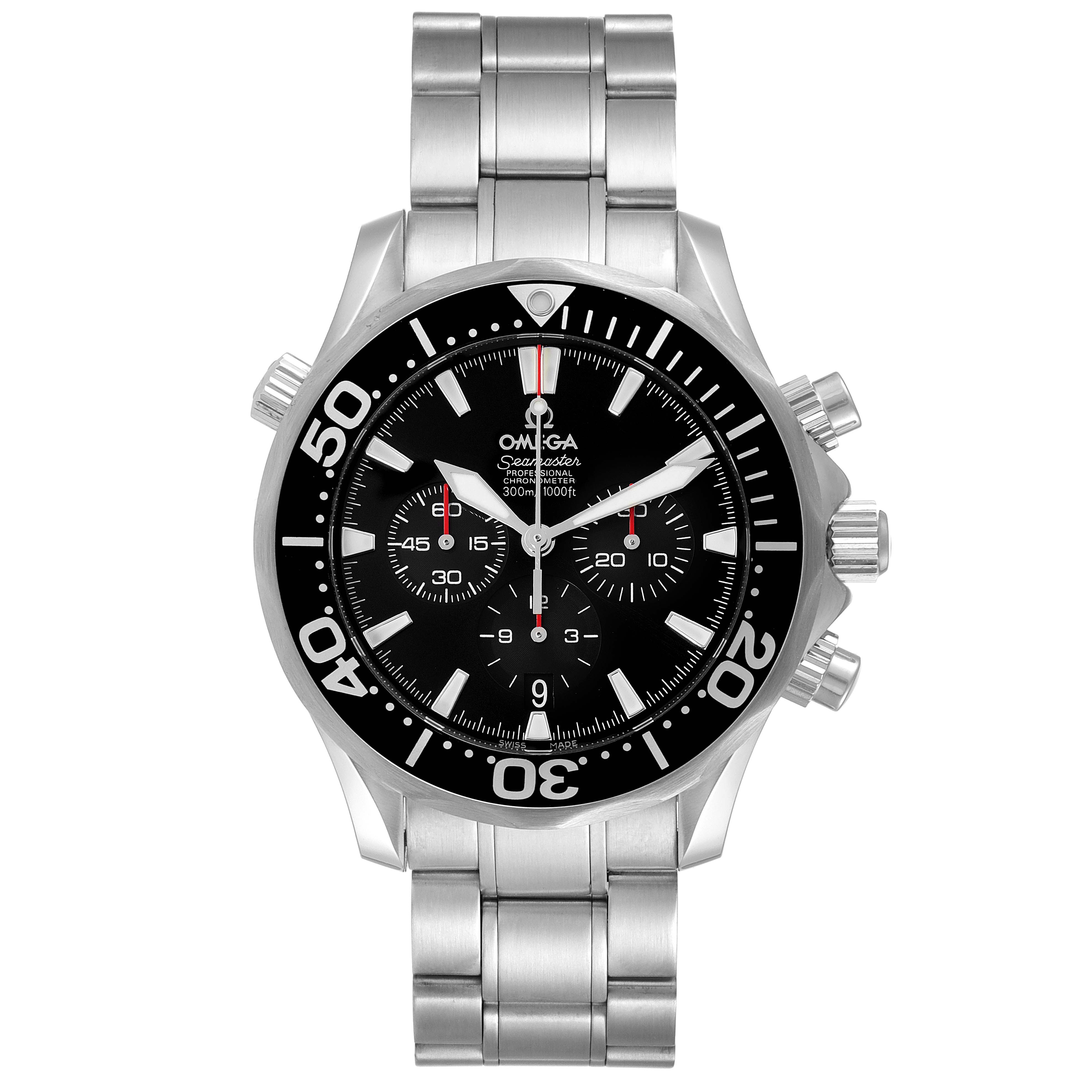 This image shows a front view of the Omega Seamaster 2594.52.00 Men's Stainless Steel Black Dial 2594.52.00 Men's Stainless Steel Black Dial watch featuring its dial, bezel, subdials, and stainless steel bracelet.