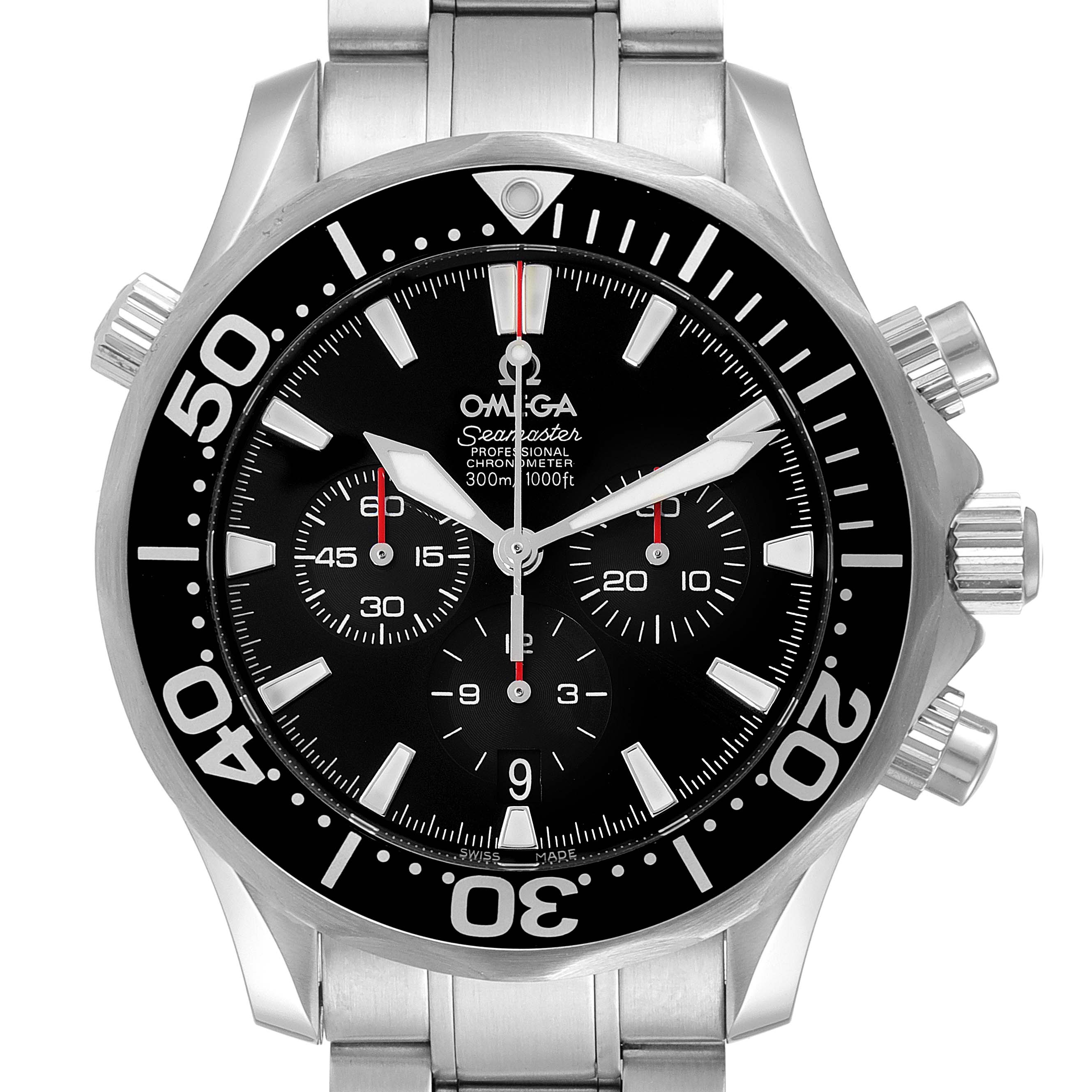 The image shows a front view of the Omega Seamaster 2594.52.00 Men's Stainless Steel Black Dial 2594.52.00 Men's Stainless Steel Black Dial watch, highlighting the dial, hands, bezel, and chronograph subdials.