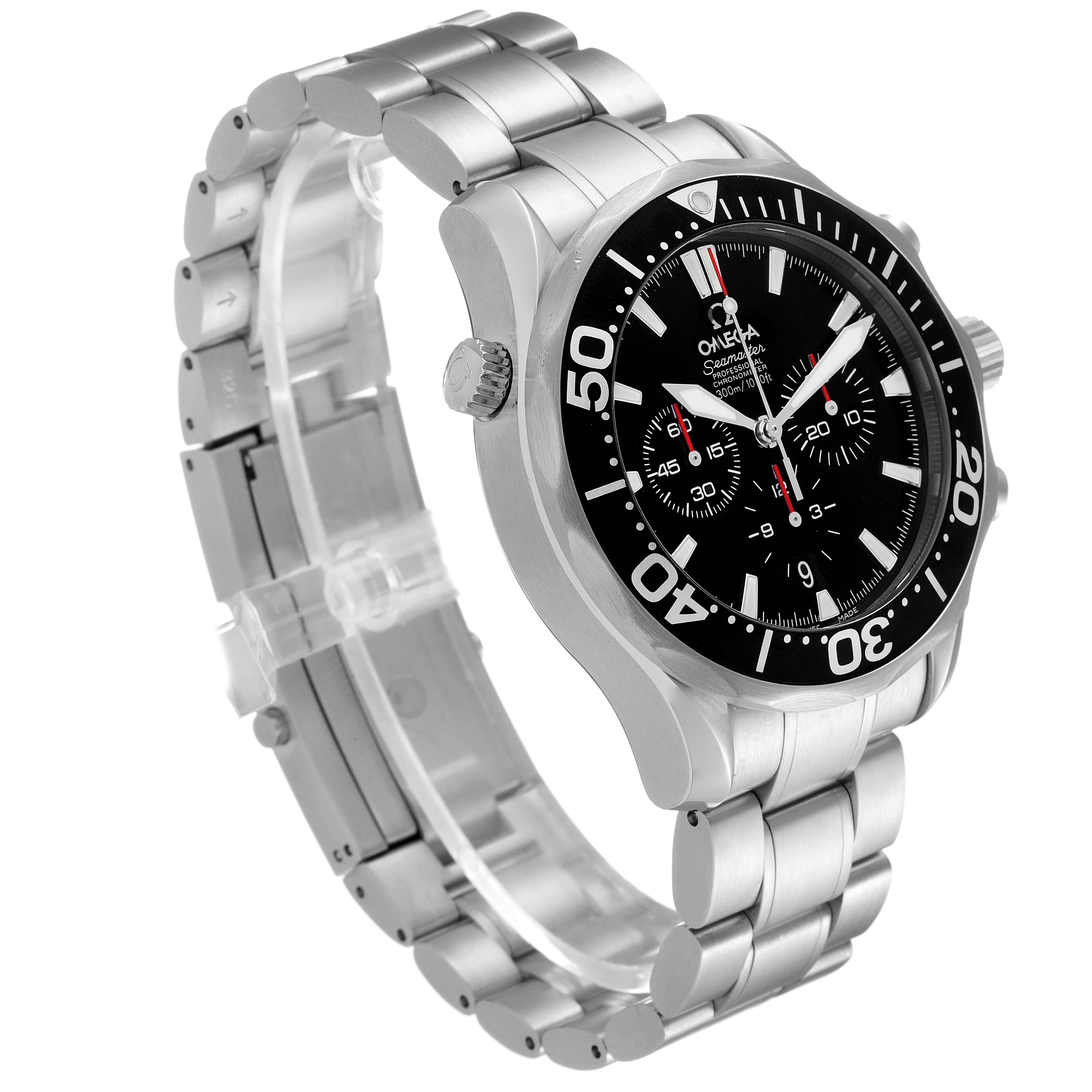 The image shows the Omega Seamaster 2594.52.00 Men's Stainless Steel Black Dial 2594.52.00 Men's Stainless Steel Black Dial watch at a three-quarter angle, highlighting the dial, bezel, and bracelet.