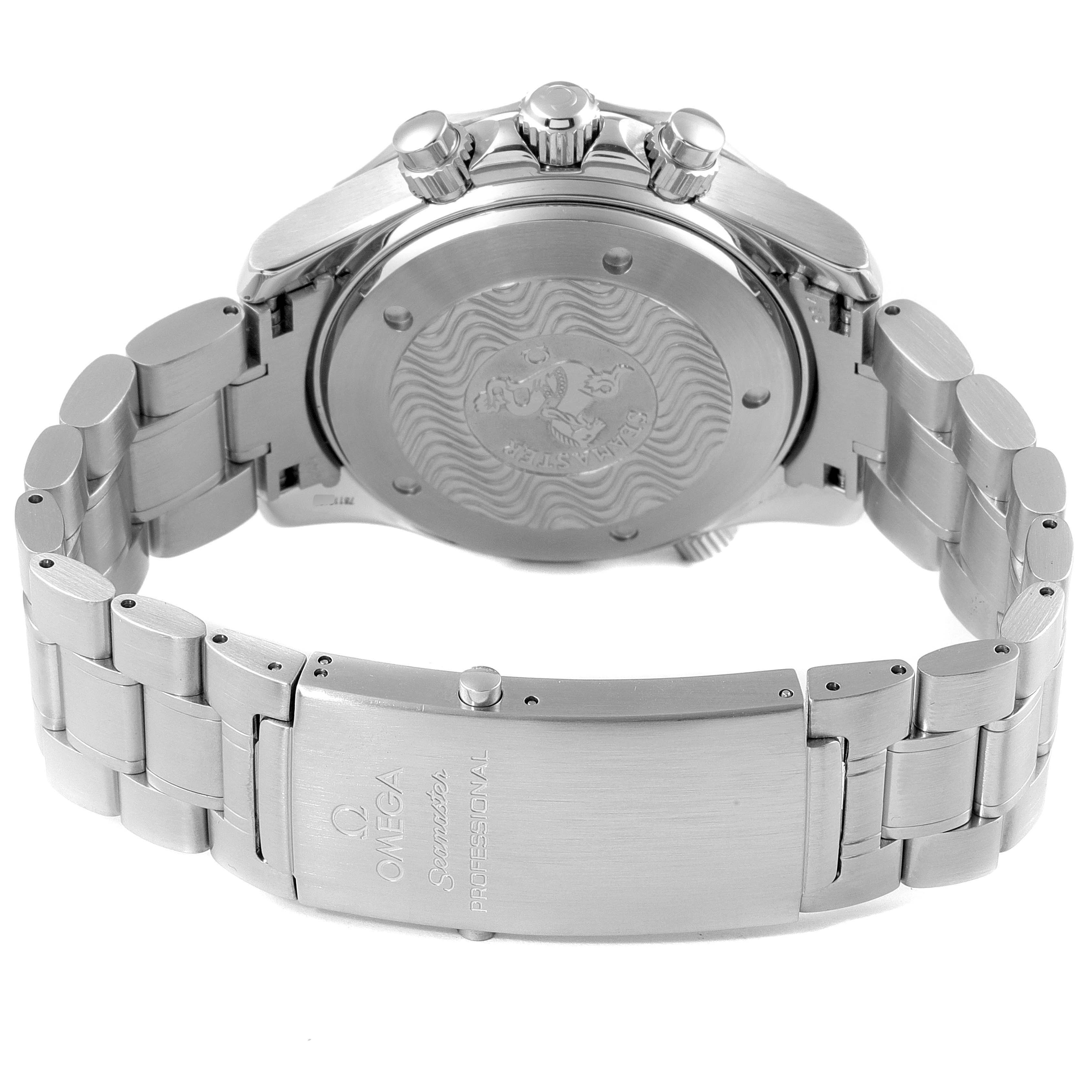 The image shows the back case, bracelet, and clasp of an Omega Seamaster 2594.52.00 Men's Stainless Steel Black Dial 2594.52.00 Men's Stainless Steel Black Dial watch from a rear angle.