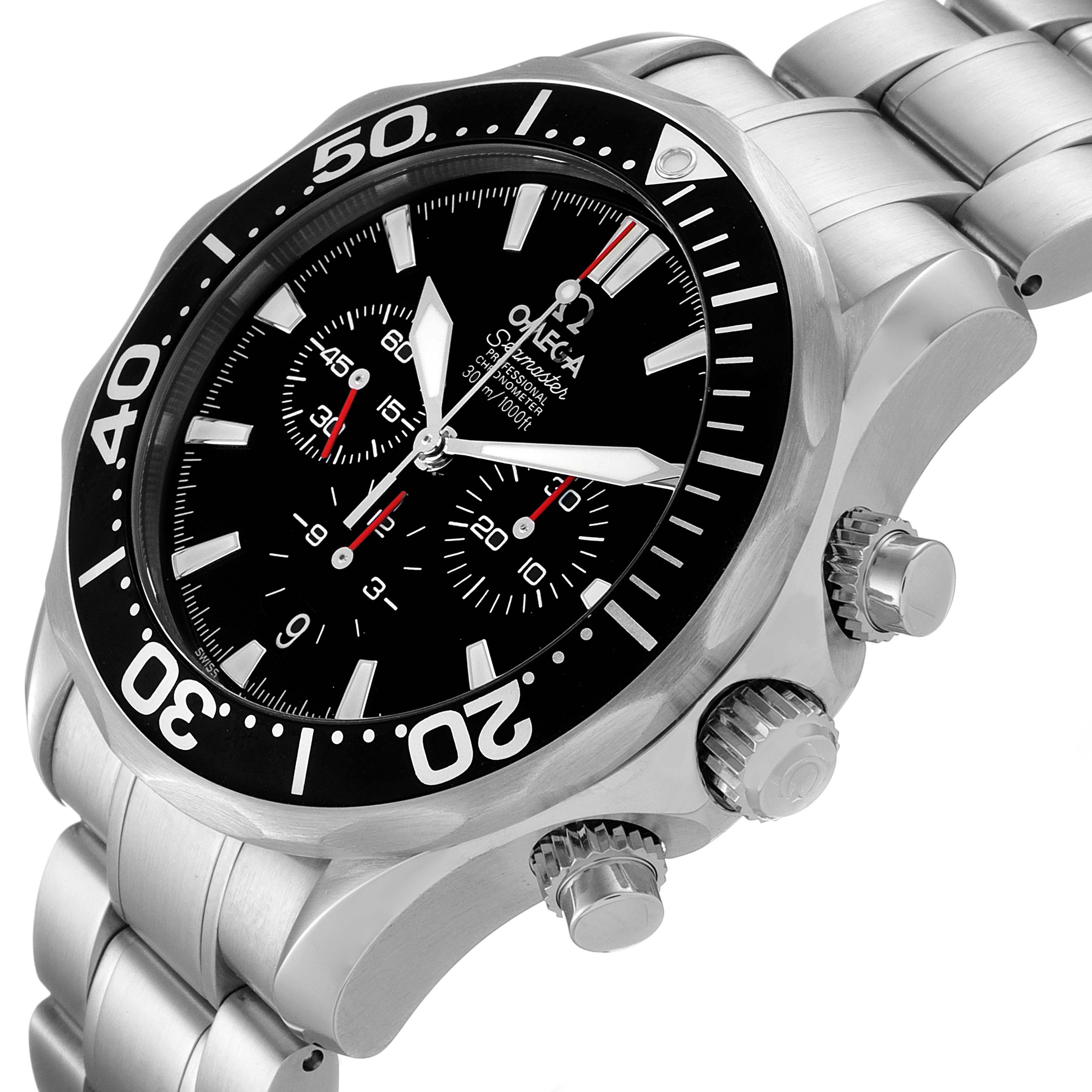 The Omega Seamaster 2594.52.00 Men's Stainless Steel Black Dial 2594.52.00 Men's Stainless Steel Black Dial watch is shown at an angled view, displaying the face, bezel, crown, pushers, and part of the bracelet.