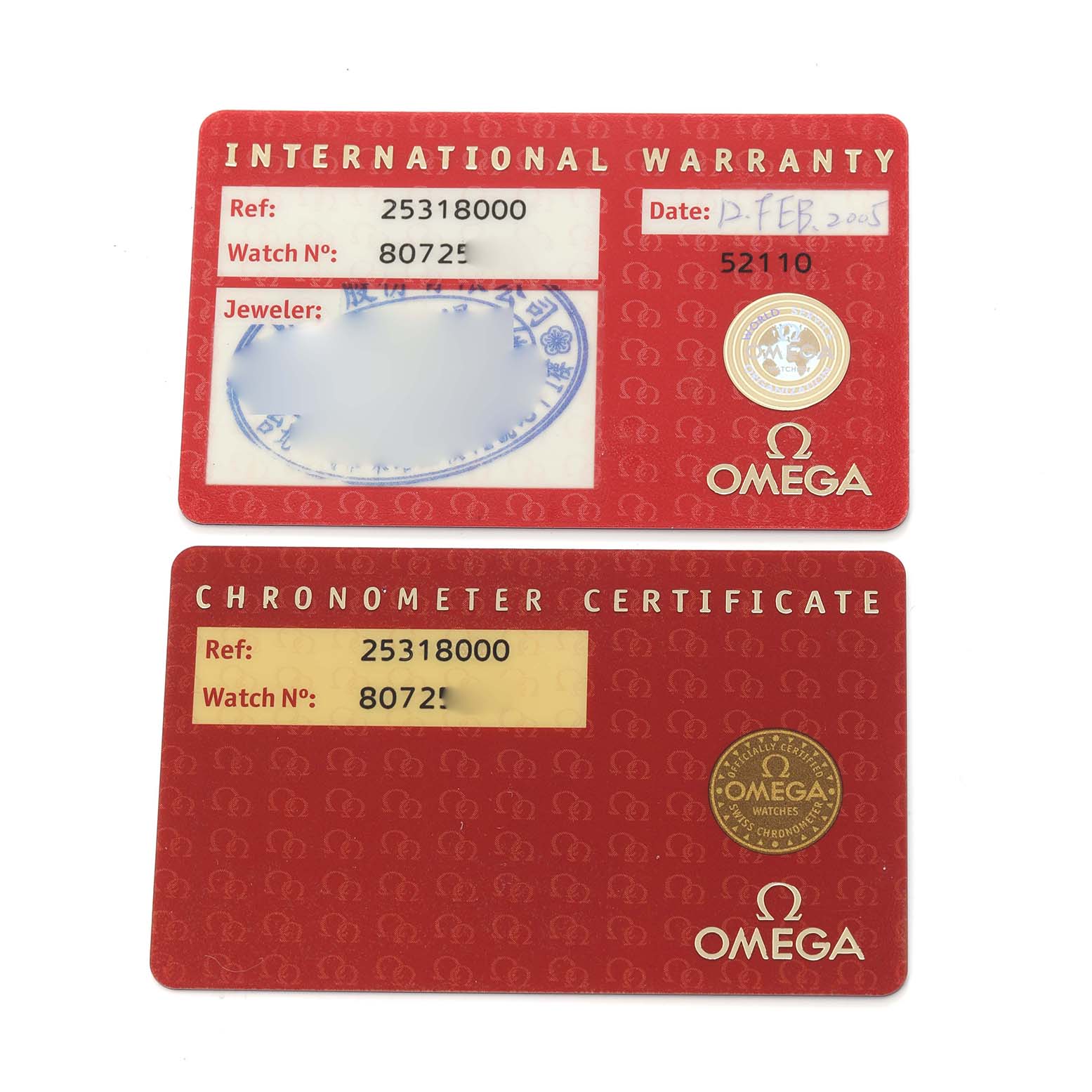 The image shows an Omega Seamaster 2531.80.00 Men
s Stainless Steel Blue Dial 2531.80.00 Men
s Stainless Steel Blue Dial
s International Warranty and Chronometer Certificate cards.