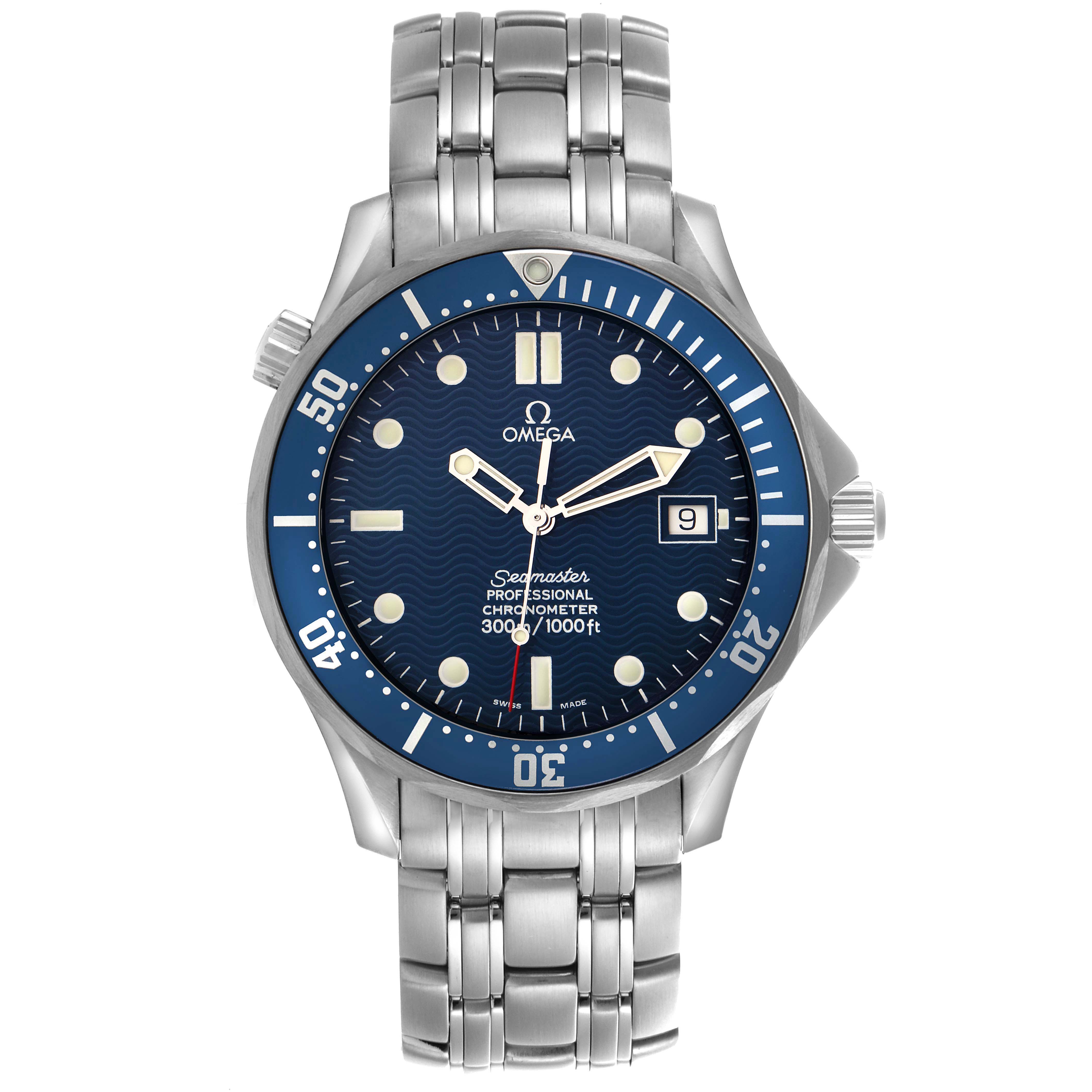 The Omega Seamaster 2531.80.00 Men
s Stainless Steel Blue Dial 2531.80.00 Men
s Stainless Steel Blue Dial watch is shown from a front angle, highlighting the face, bezel, and metal bracelet.