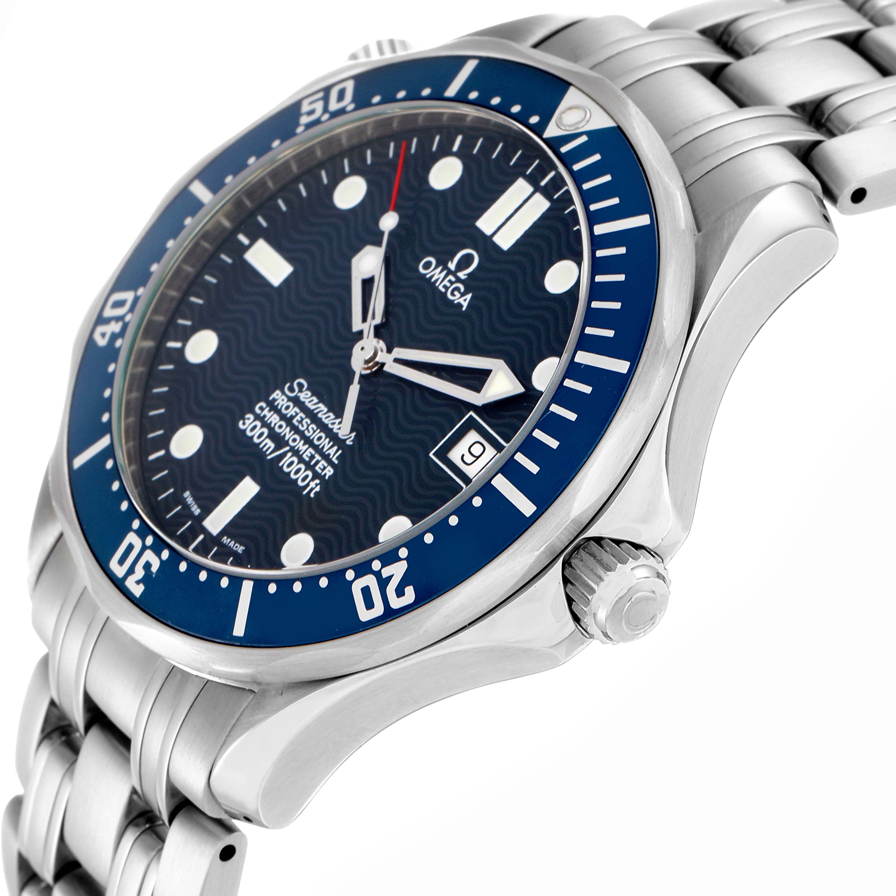 The image shows an angled view of the Omega Seamaster 2531.80.00 Men
s Stainless Steel Blue Dial 2531.80.00 Men
s Stainless Steel Blue Dial watch, highlighting the dial, bezel, crown, and bracelet.