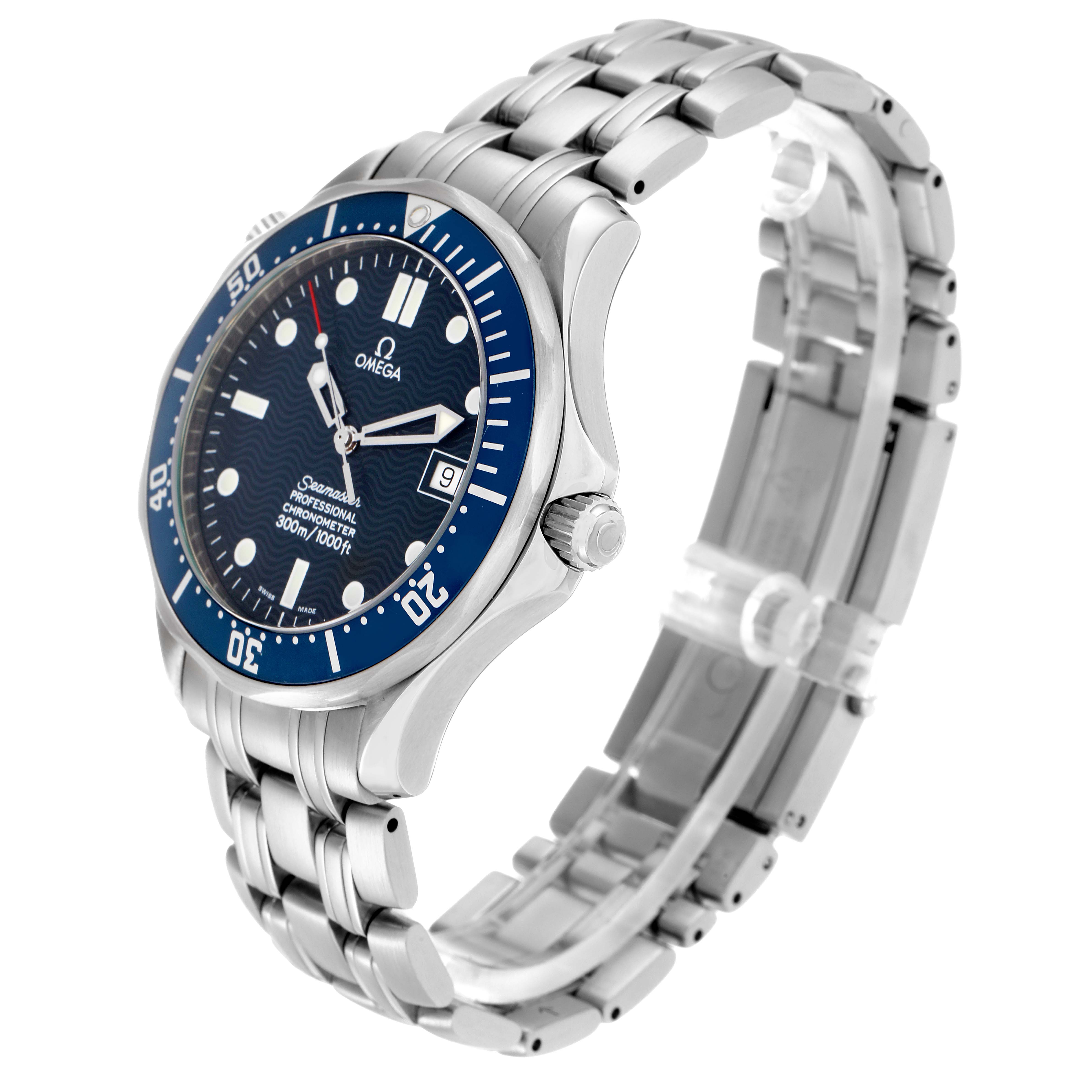 The Omega Seamaster 2531.80.00 Men
s Stainless Steel Blue Dial 2531.80.00 Men
s Stainless Steel Blue Dial watch is shown at a three-quarter angle, displaying its blue dial, bezel, case, and metal bracelet.