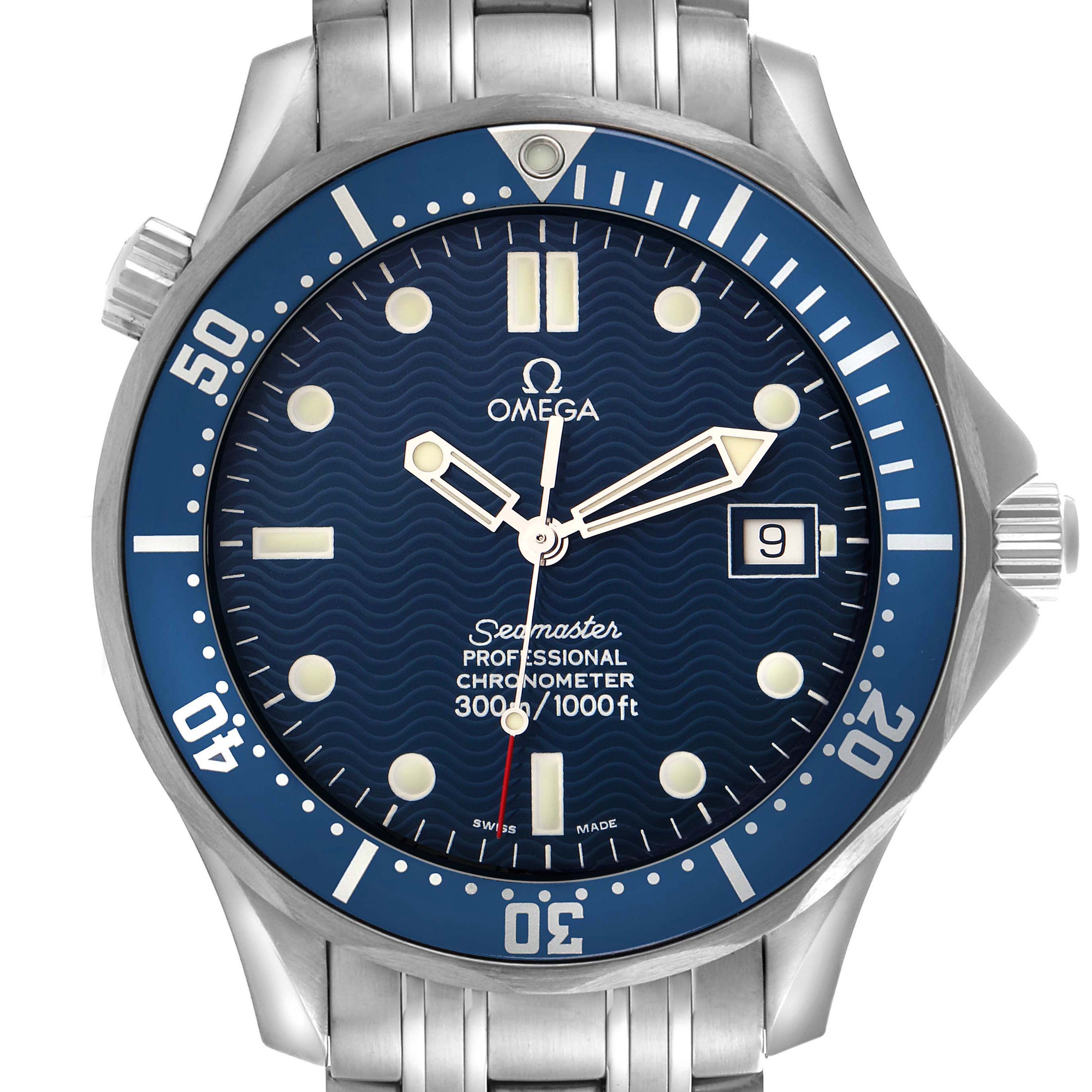 The Omega Seamaster 2531.80.00 Men
s Stainless Steel Blue Dial 2531.80.00 Men
s Stainless Steel Blue Dial watch is shown from a front angle, highlighting the dial, bezel, crown, and parts of the bracelet.