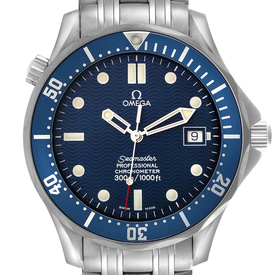The Omega Seamaster watch is shown from a front angle, highlighting the dial, bezel, crown, and parts of the bracelet.