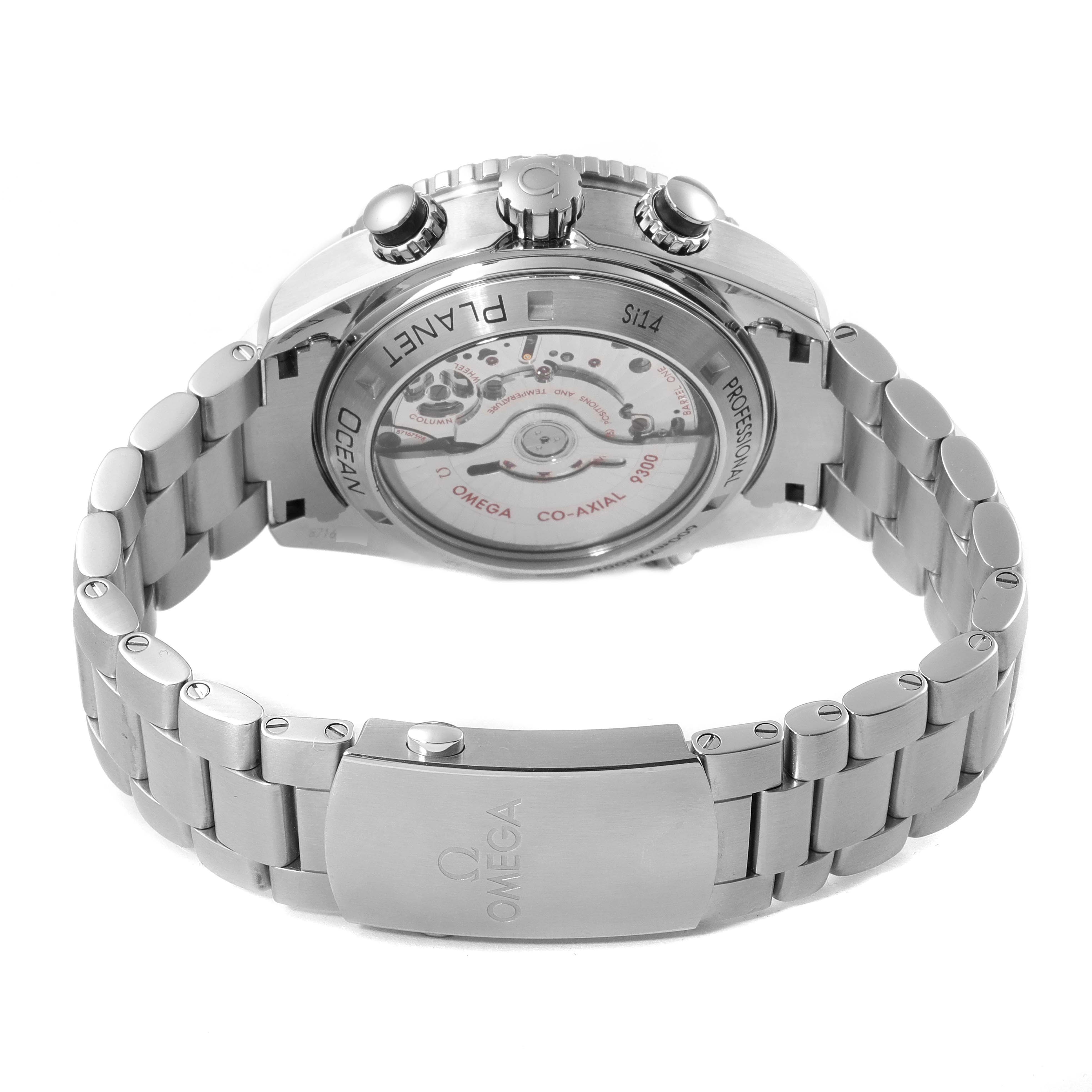 The image shows the back of the Omega Planet Ocean 232.30.46.51.01.001 Men
s Stainless Steel Black Dial 232.30.46.51.01.001 Men
s Stainless Steel Black Dial watch, highlighting the case back, crown, pushers, and the metal bracelet.