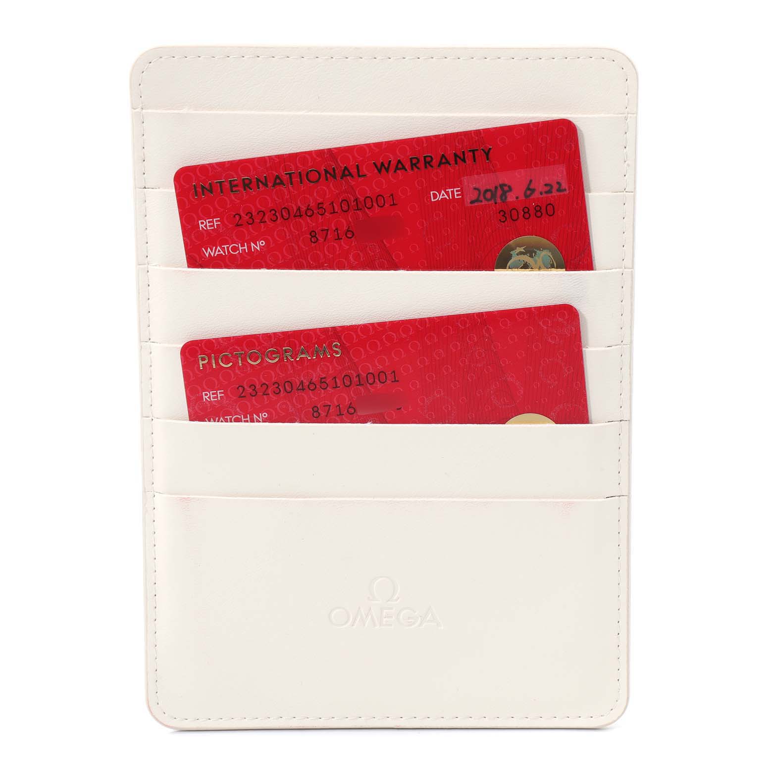 The image shows the warranty and pictogram cards for the Omega Planet Ocean 232.30.46.51.01.001 Men
s Stainless Steel Black Dial 232.30.46.51.01.001 Men
s Stainless Steel Black Dial model, displayed in a white cardholder.