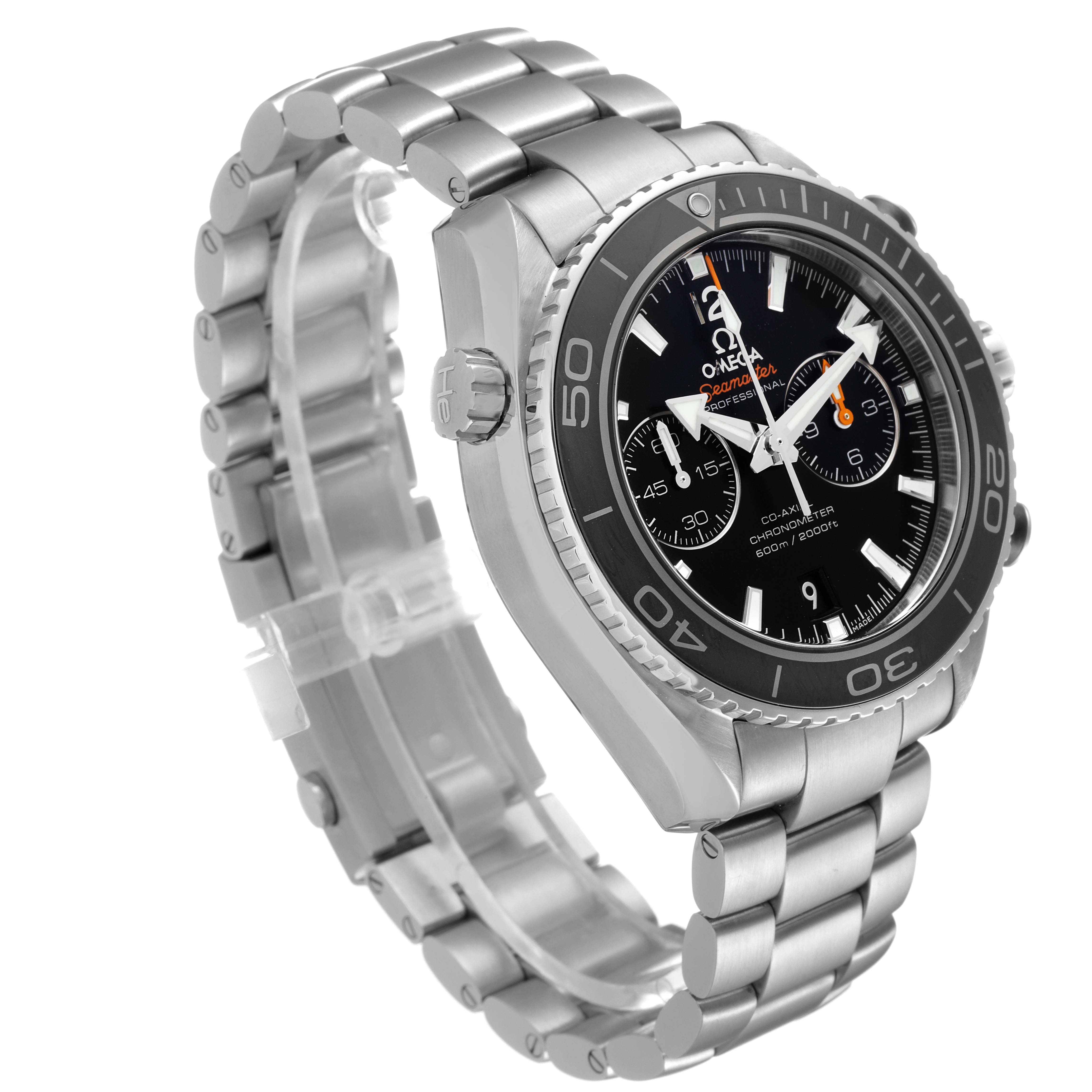 The image shows an angled side view of the Omega Planet Ocean 232.30.46.51.01.001 Men
s Stainless Steel Black Dial 232.30.46.51.01.001 Men
s Stainless Steel Black Dial watch, displaying its face, bezel, and metal bracelet.