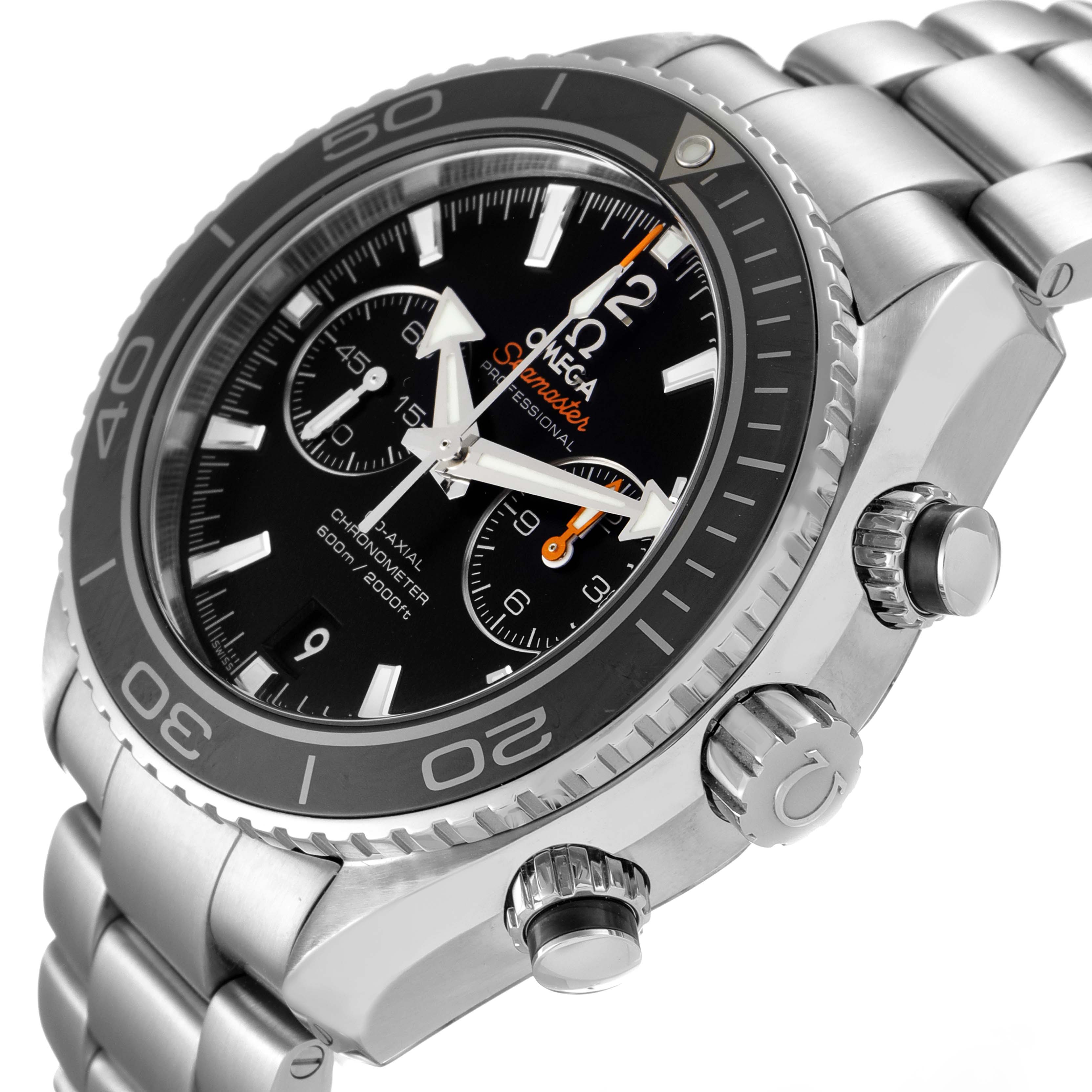 The image shows an angled view of the Omega Planet Ocean 232.30.46.51.01.001 Men
s Stainless Steel Black Dial 232.30.46.51.01.001 Men
s Stainless Steel Black Dial watch, highlighting its bezel, dial, chronograph, and crown.