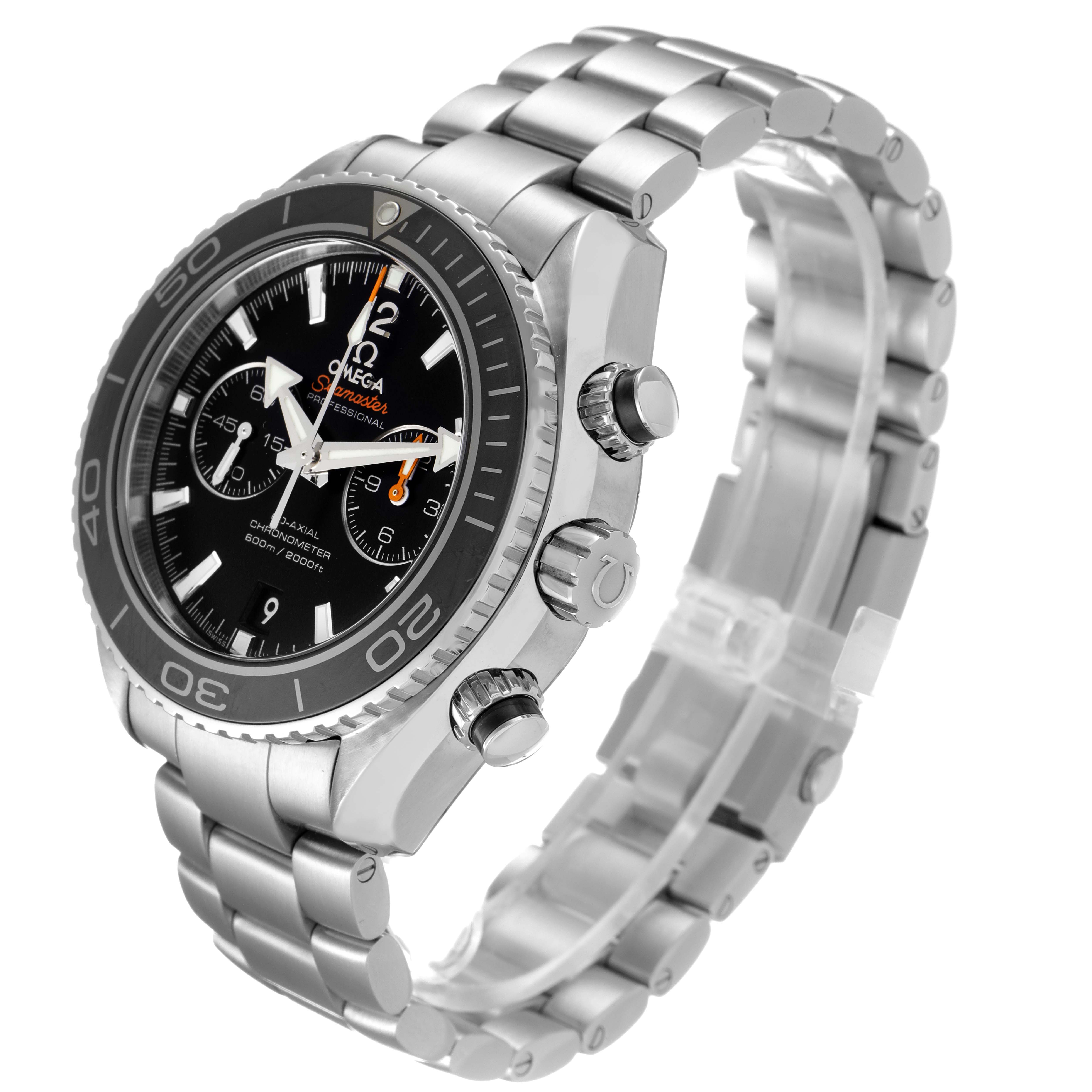 This Omega Planet Ocean 232.30.46.51.01.001 Men
s Stainless Steel Black Dial 232.30.46.51.01.001 Men
s Stainless Steel Black Dial watch is shown from an angled side view, highlighting its face, bezel, crown, and bracelet.