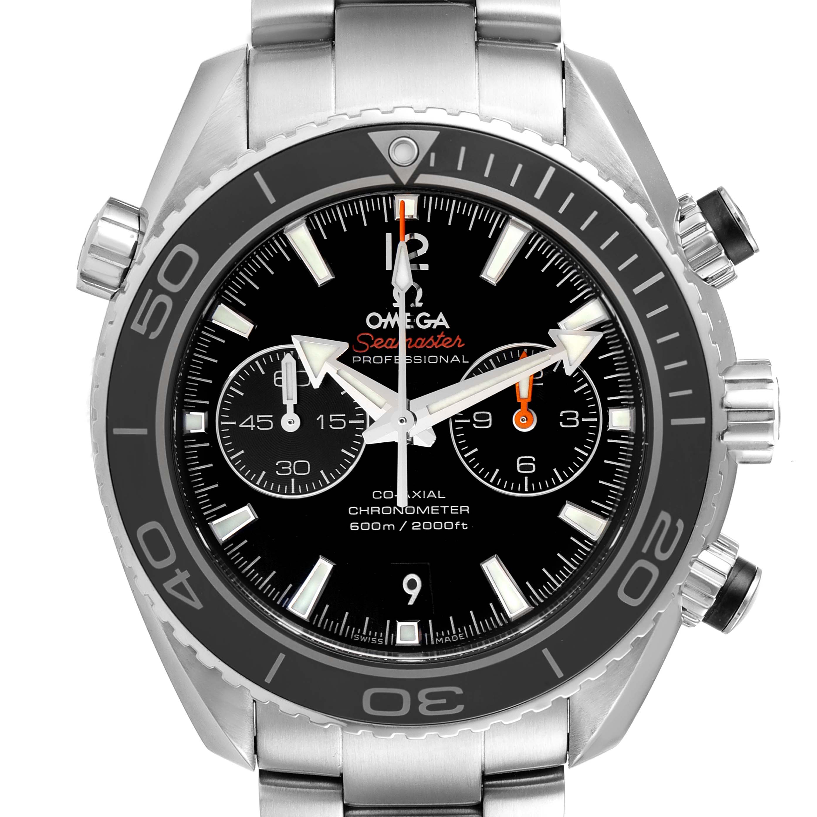 The Omega Planet Ocean 232.30.46.51.01.001 Men
s Stainless Steel Black Dial 232.30.46.51.01.001 Men
s Stainless Steel Black Dial watch is shown from the front, displaying the face, bezel, and bracelet.