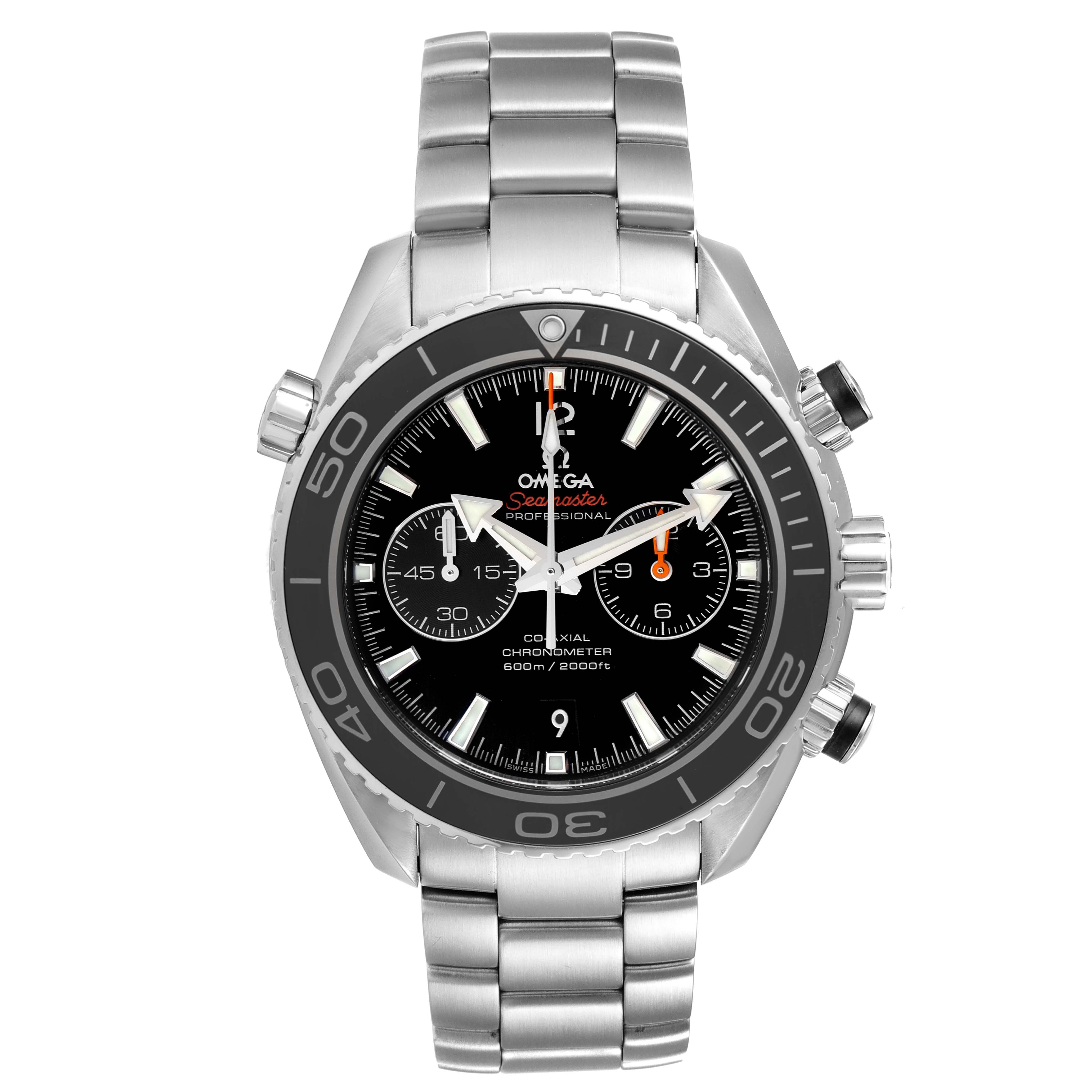 This image shows a front view of the Omega Planet Ocean 232.30.46.51.01.001 Men
s Stainless Steel Black Dial 232.30.46.51.01.001 Men
s Stainless Steel Black Dial watch, focusing on its dial, bezel, and bracelet.