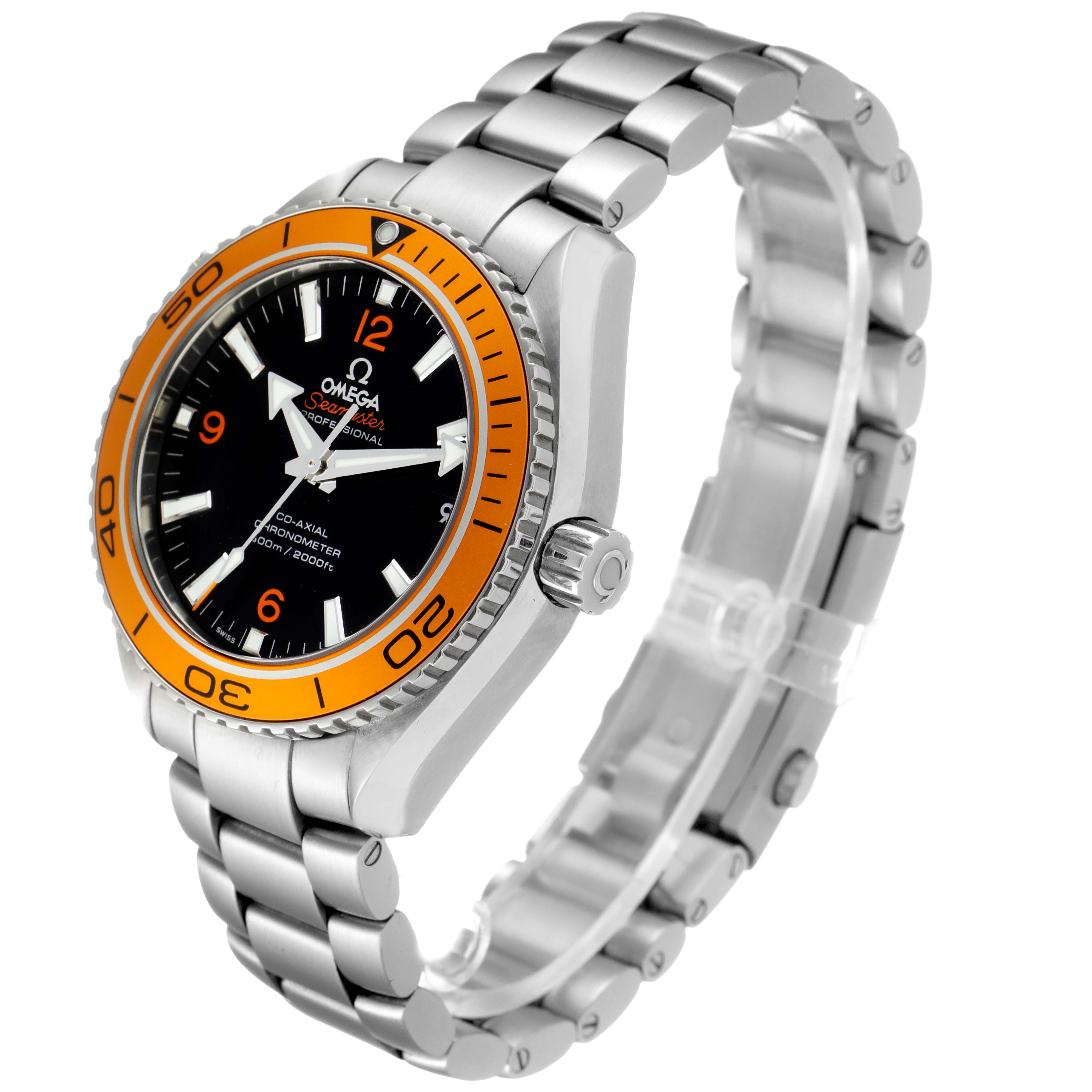 The Omega Planet Ocean 232.30.42.21.01.002 Men's Stainless Steel Black Dial 232.30.42.21.01.002 Men's Stainless Steel Black Dial watch is shown at an angle highlighting the face, bezel, crown, and part of the stainless steel bracelet.