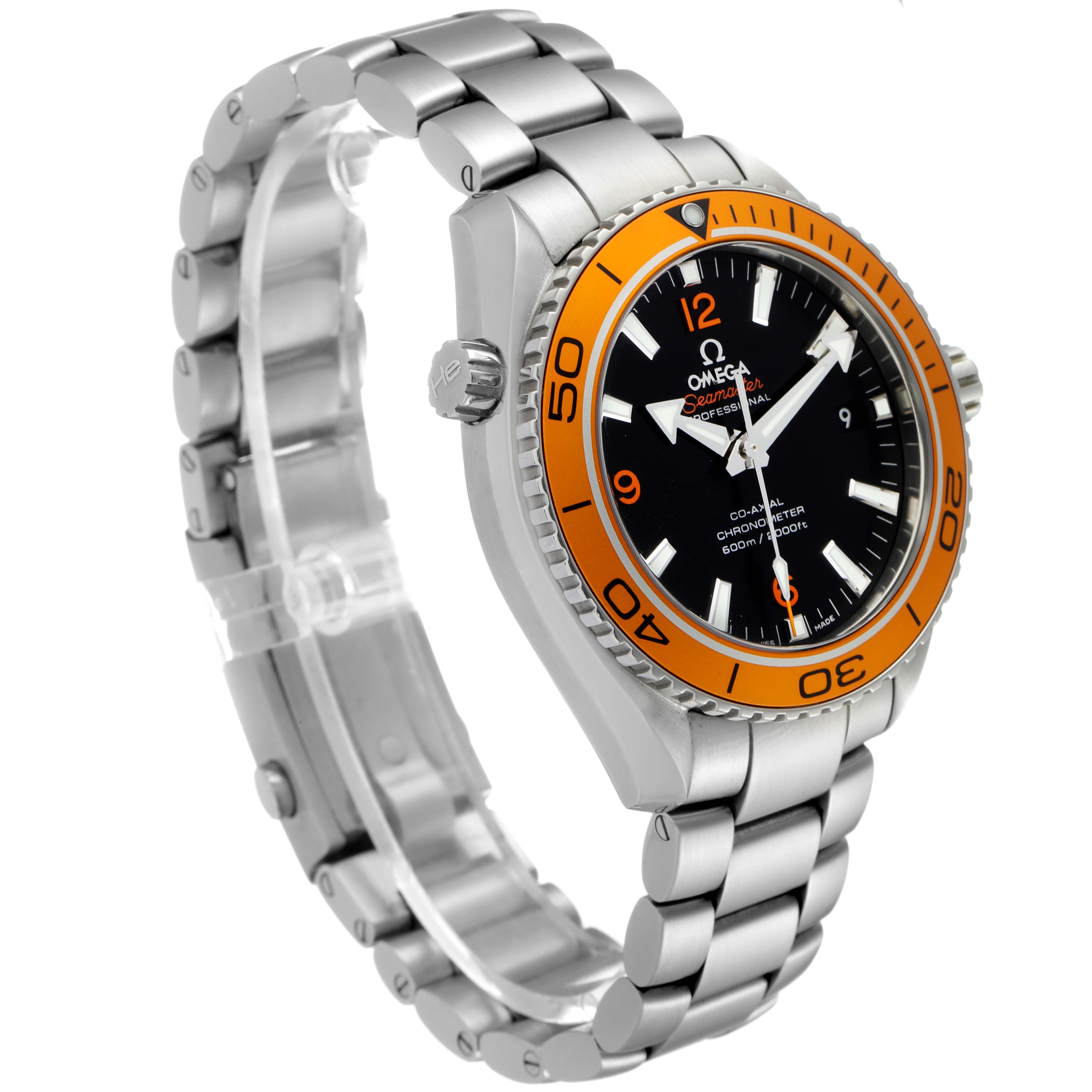 The Omega Planet Ocean 232.30.42.21.01.002 Men's Stainless Steel Black Dial 232.30.42.21.01.002 Men's Stainless Steel Black Dial watch is displayed at a slight angle, showing the face, bezel, and metal bracelet.