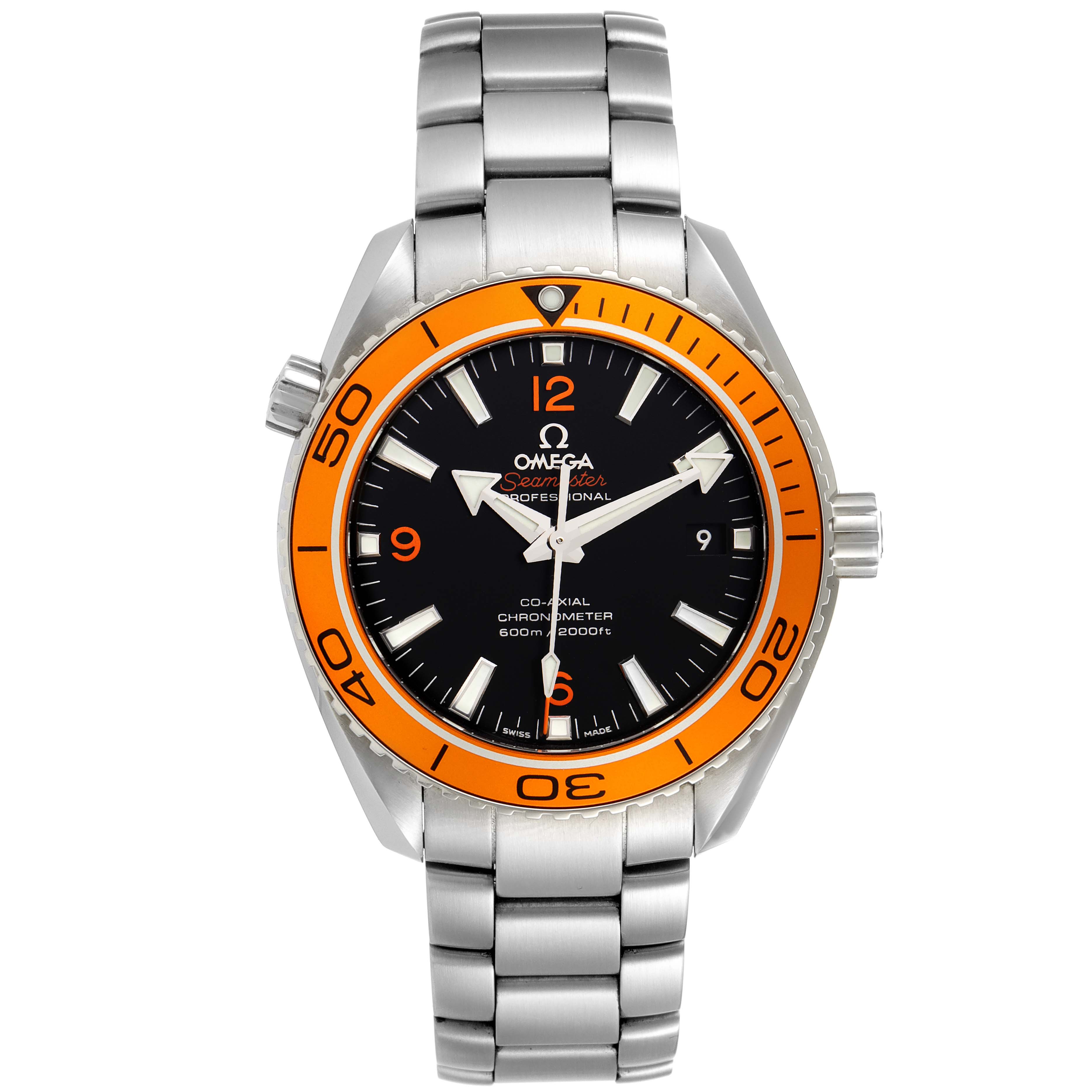 The image shows a front view of the Omega Planet Ocean 232.30.42.21.01.002 Men's Stainless Steel Black Dial 232.30.42.21.01.002 Men's Stainless Steel Black Dial watch, featuring a silver bracelet and an orange bezel.