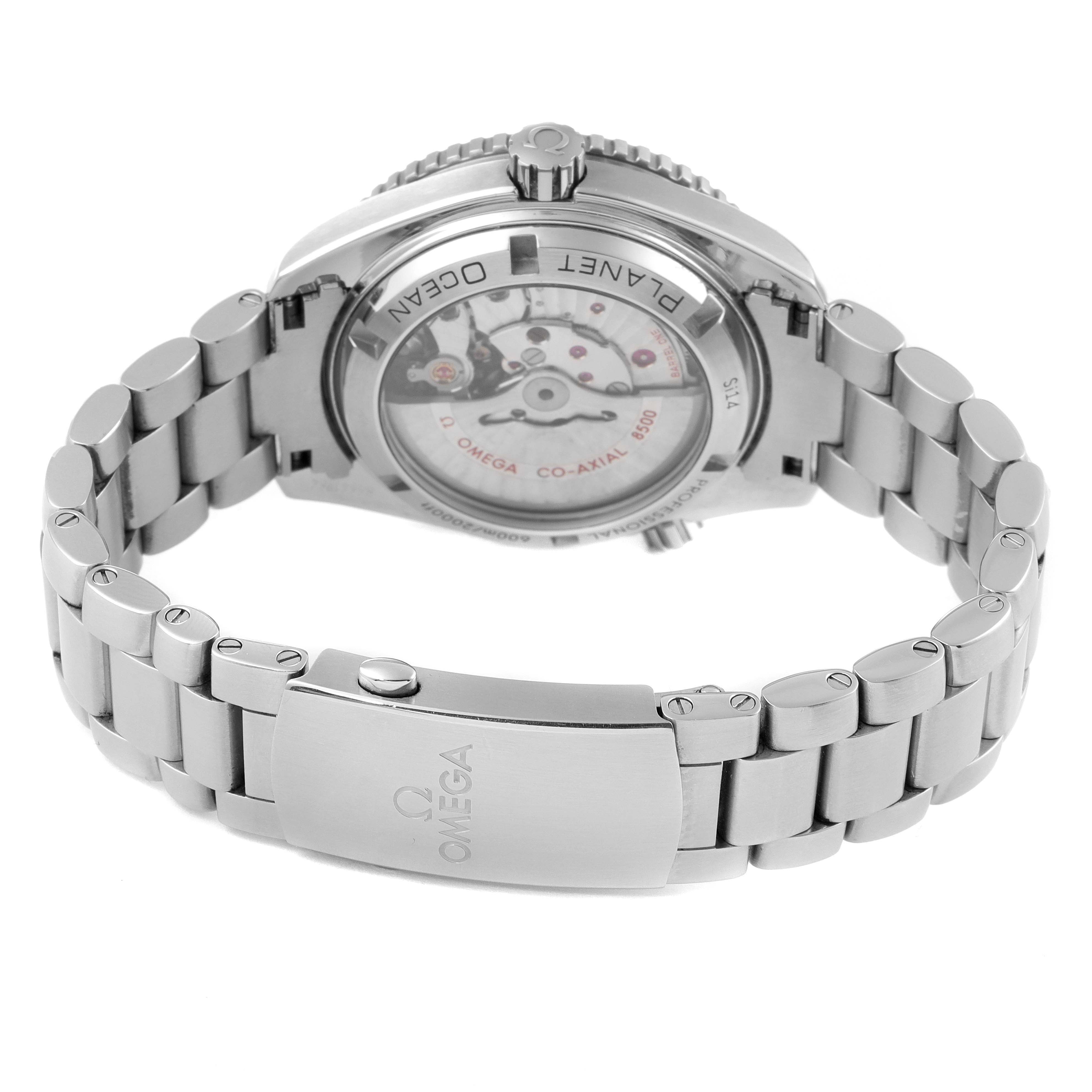 The image shows the back view and bracelet of the Omega Planet Ocean 232.30.42.21.01.002 Men's Stainless Steel Black Dial 232.30.42.21.01.002 Men's Stainless Steel Black Dial watch, highlighting the transparent case back and clasp.